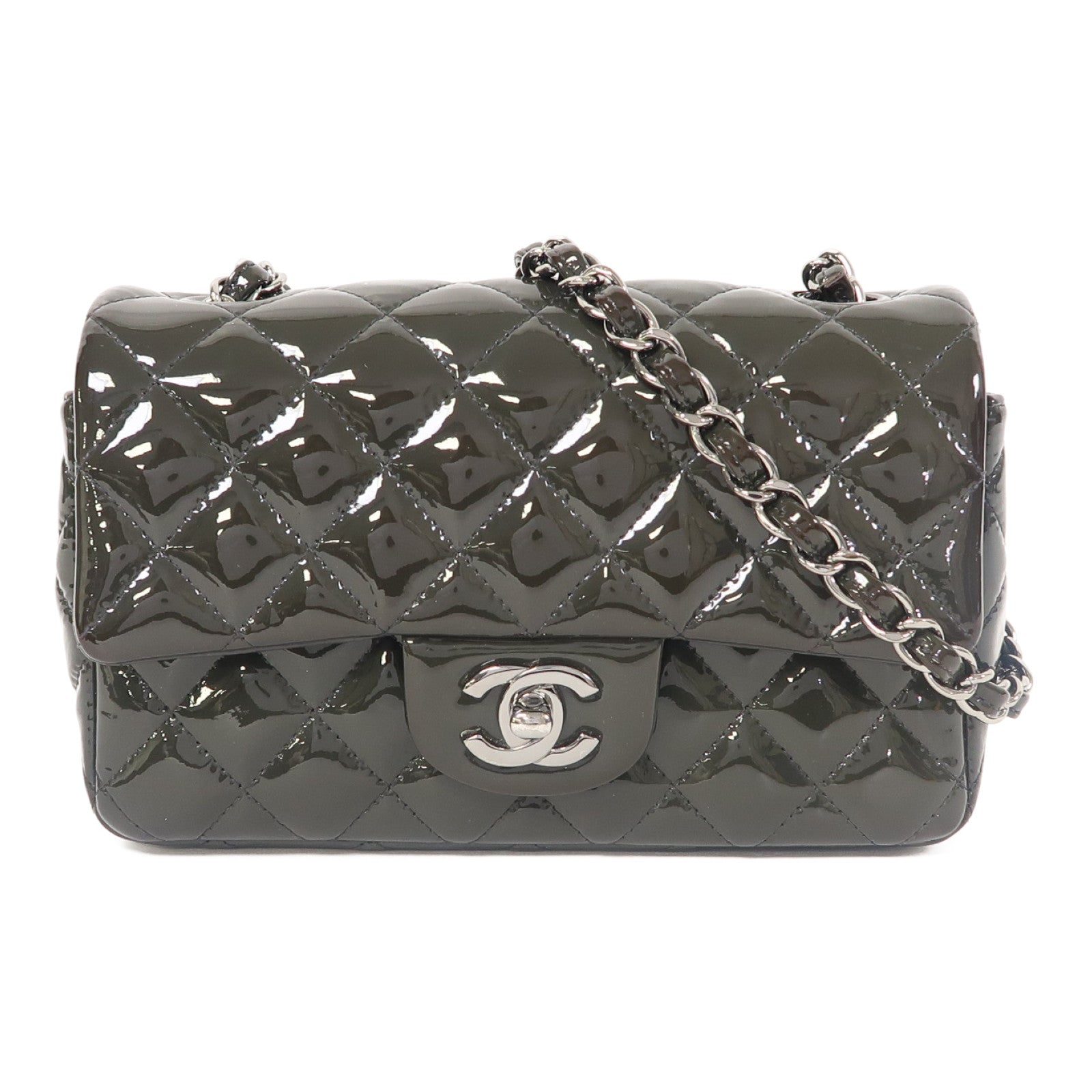CHANEL 菱格漆皮皮革Classic Flap 20銀扣鏈帶肩背袋綠色
