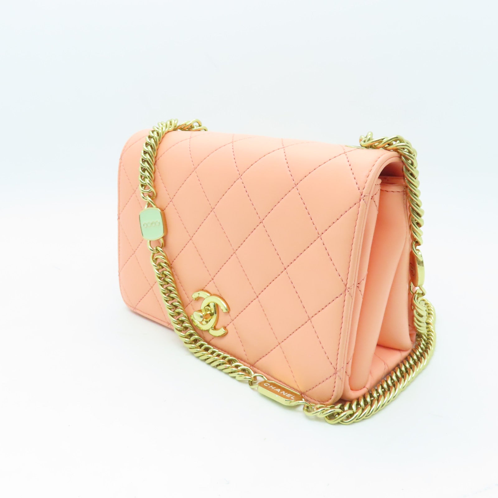 CHANEL 【激減優惠】菱格羊皮皮革Chain Shoulder金扣鏈帶肩背袋橙色