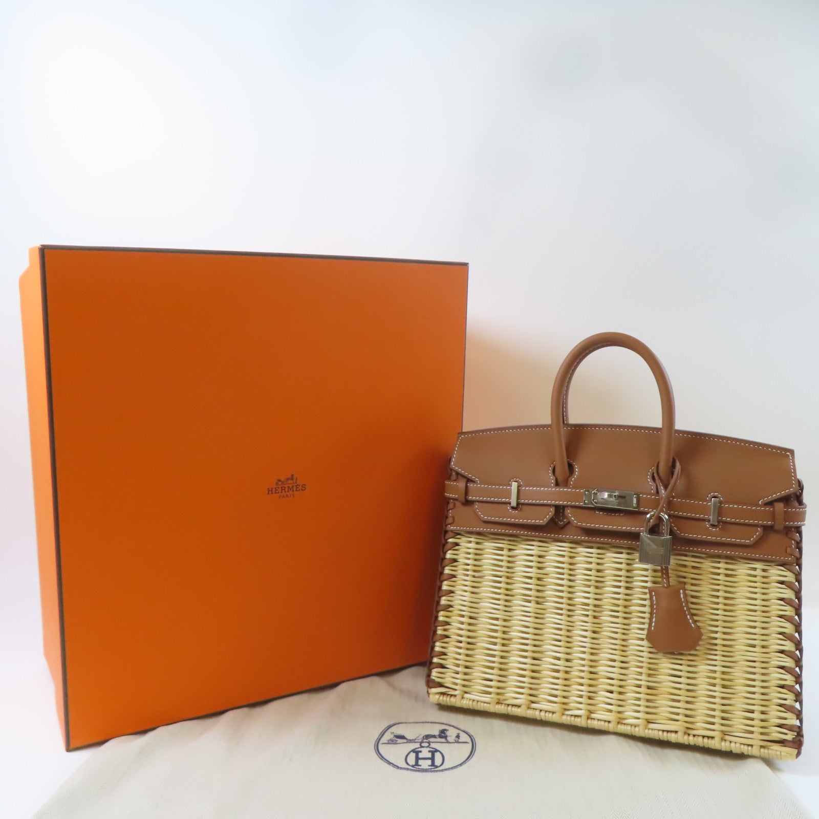 HERMES Swift皮革/柳條Birkin 25 Picnic銀扣手挽袋Gold/Naturel/啡色