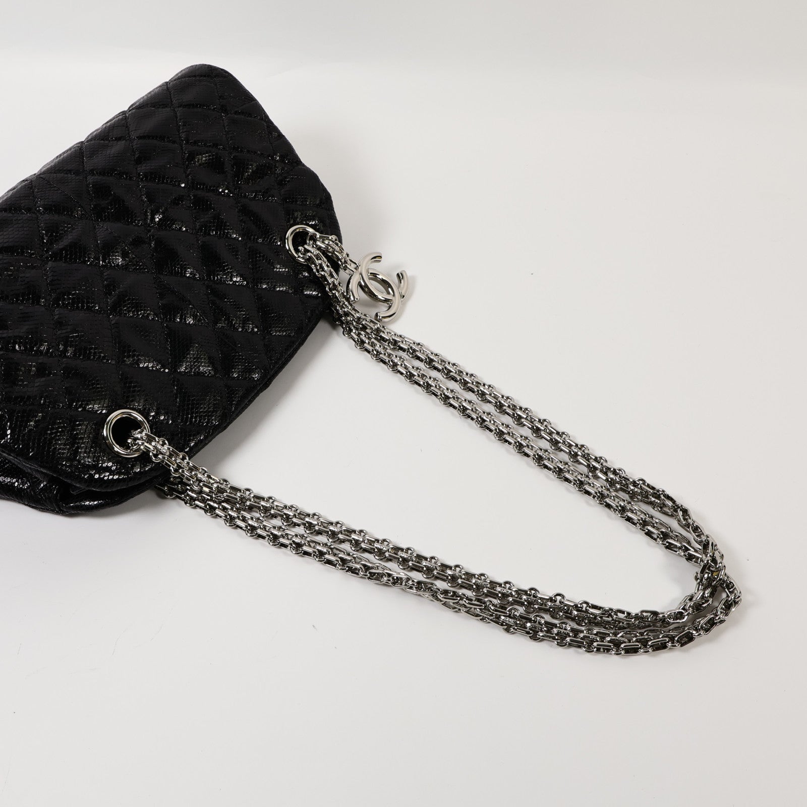 CHANEL 蜥蝪皮革Chain Shoulder銀扣鏈帶肩背袋