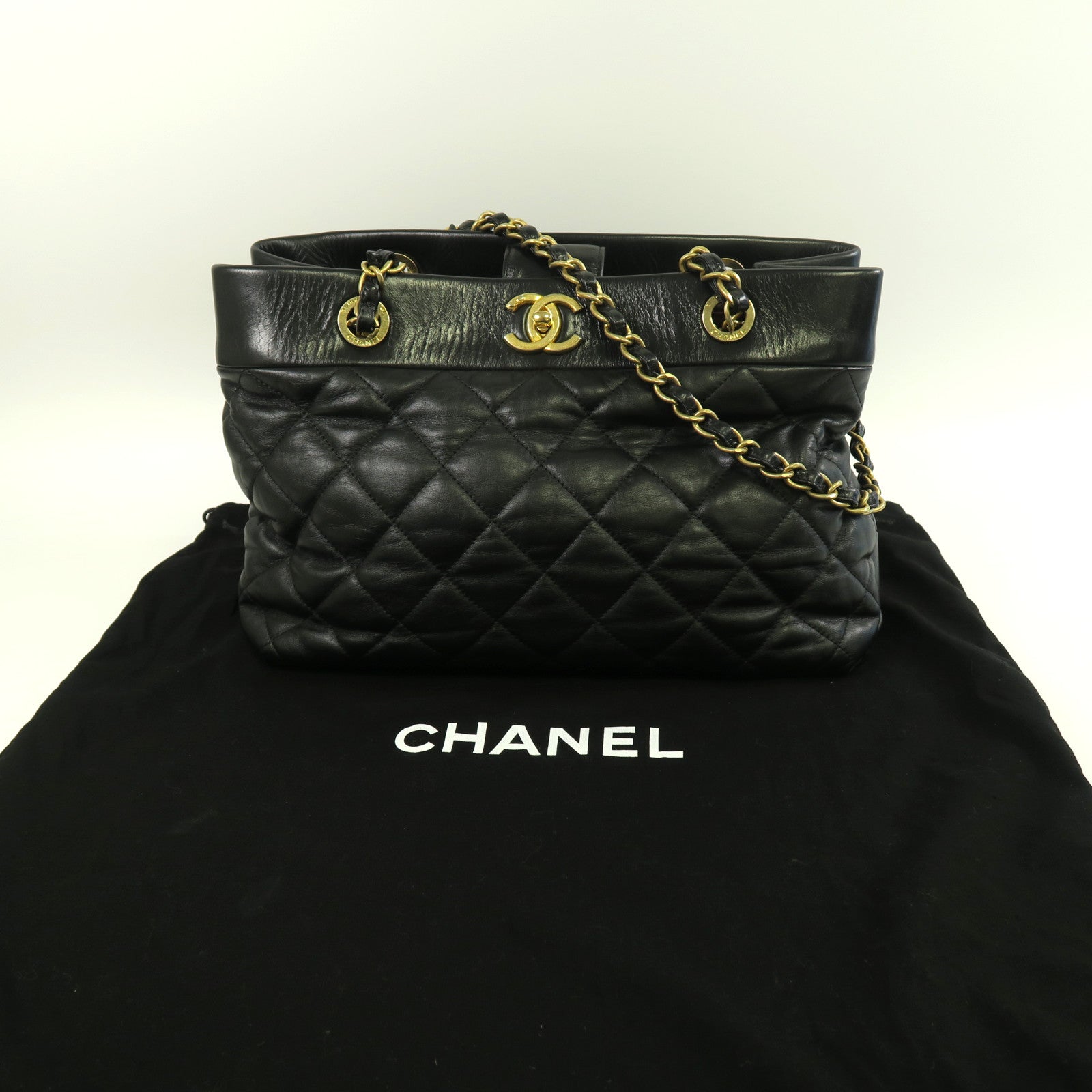 CHANEL 【激減優惠】菱格牛皮皮革Chain Shoulder金扣肩背袋黑色