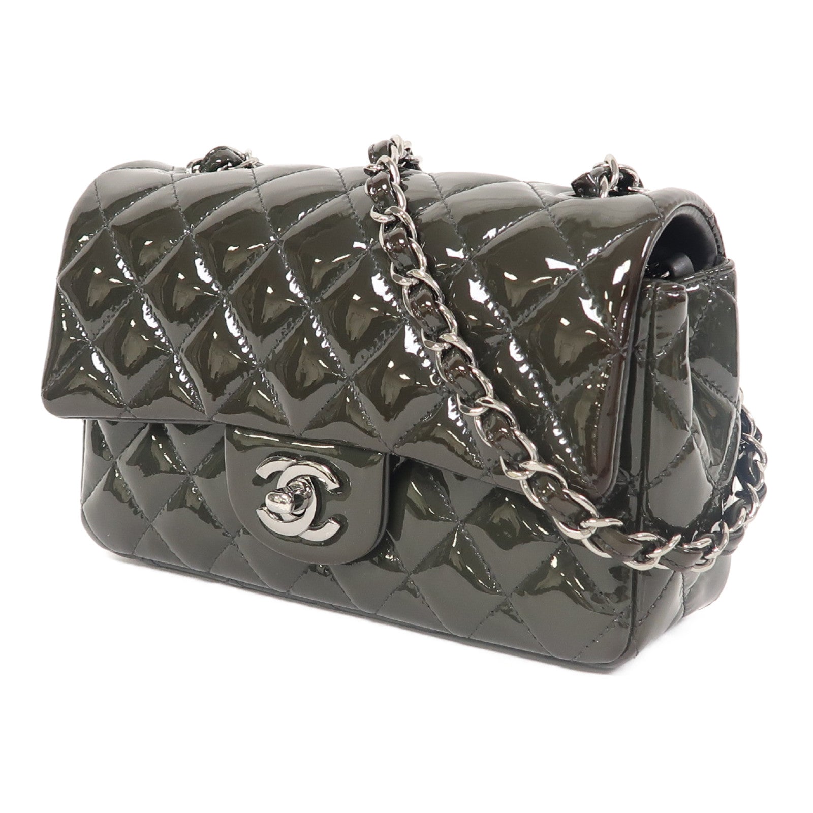 CHANEL 菱格漆皮皮革Classic Flap 20銀扣鏈帶肩背袋綠色