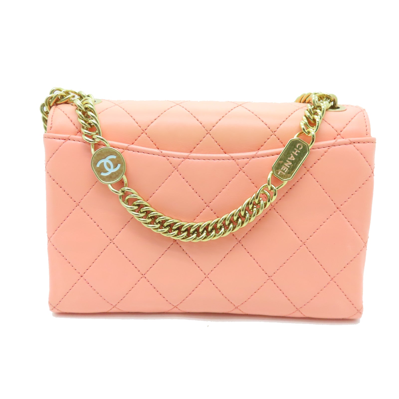 CHANEL 【激減優惠】菱格羊皮皮革Chain Shoulder金扣鏈帶肩背袋橙色