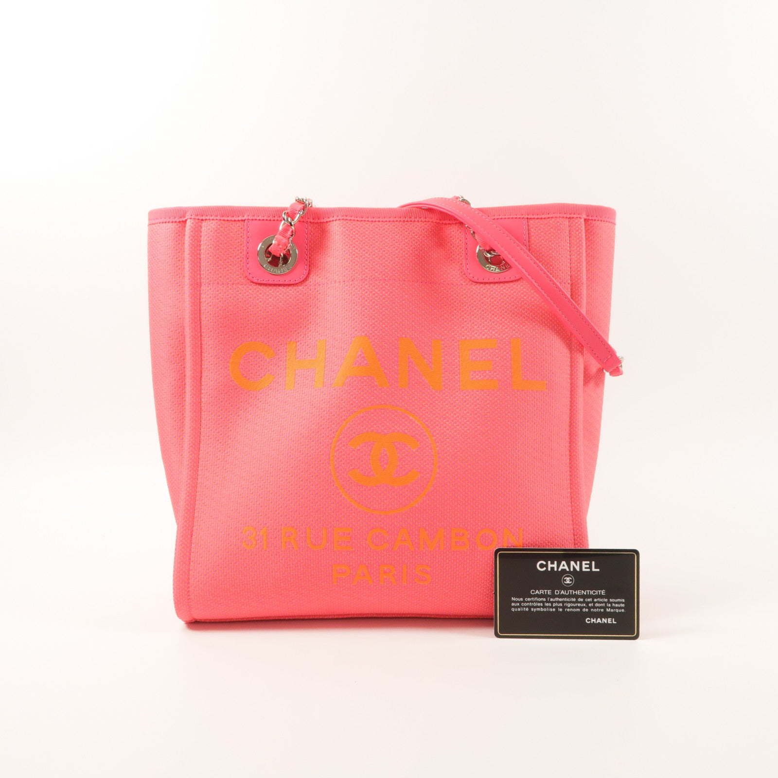 CHANEL 帆布Deauville PM Tote Bag鏈帶肩背袋