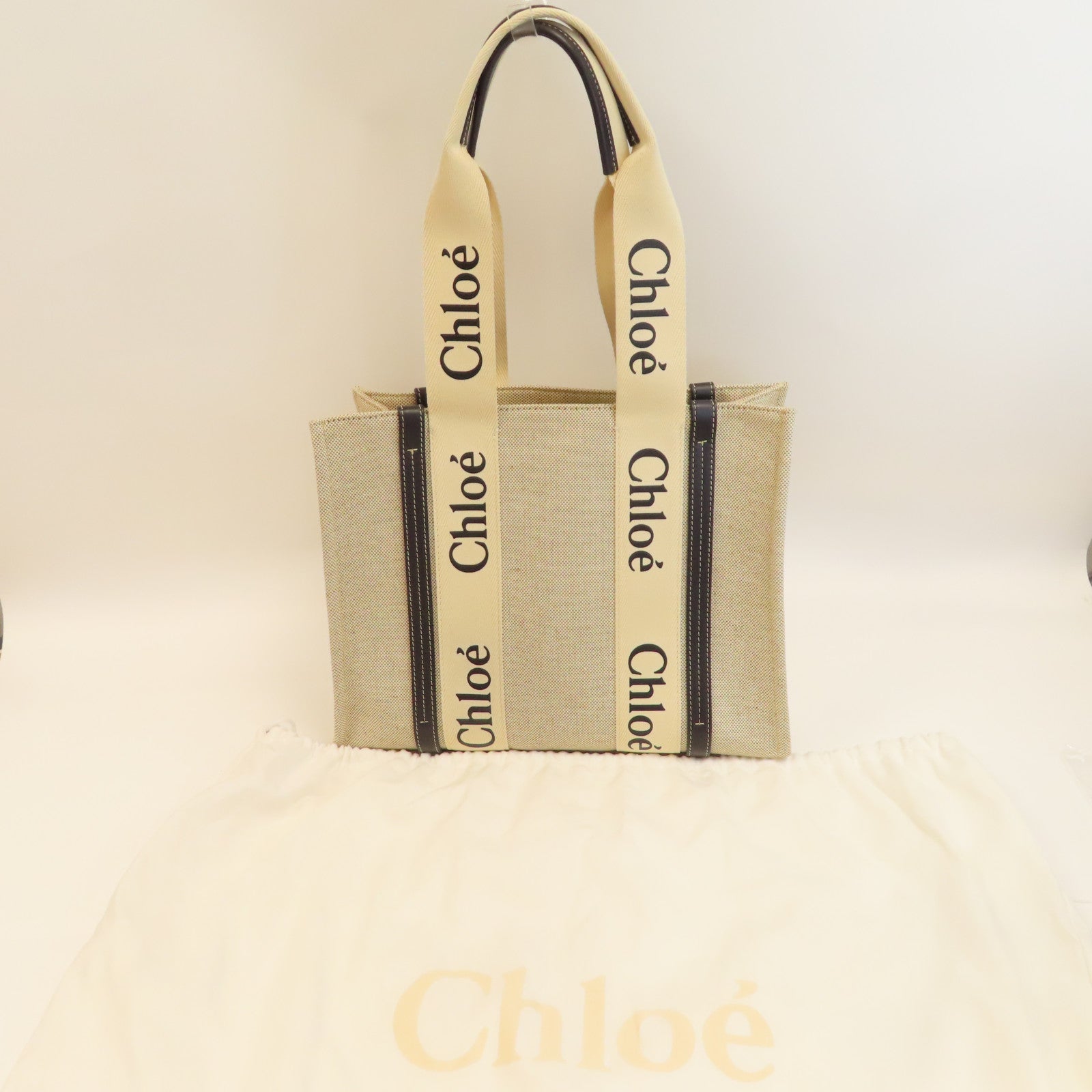 Chloe (PRICE DOWN) Woody Tote Bag Canvas Beige Navy Blue