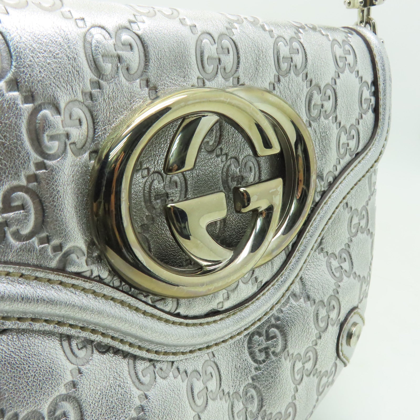 GUCCI 皮革Hand Bag銀扣手挽袋銀色