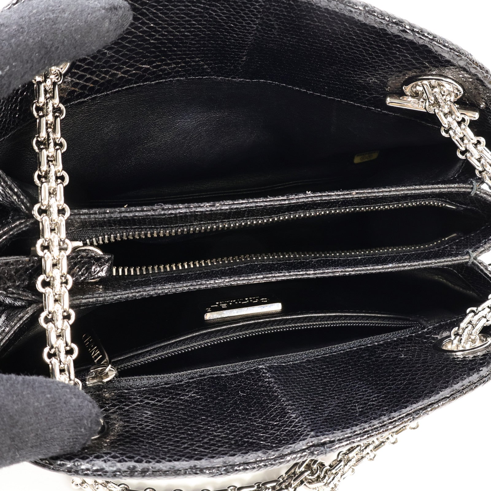 CHANEL 蜥蝪皮革Chain Shoulder銀扣鏈帶肩背袋