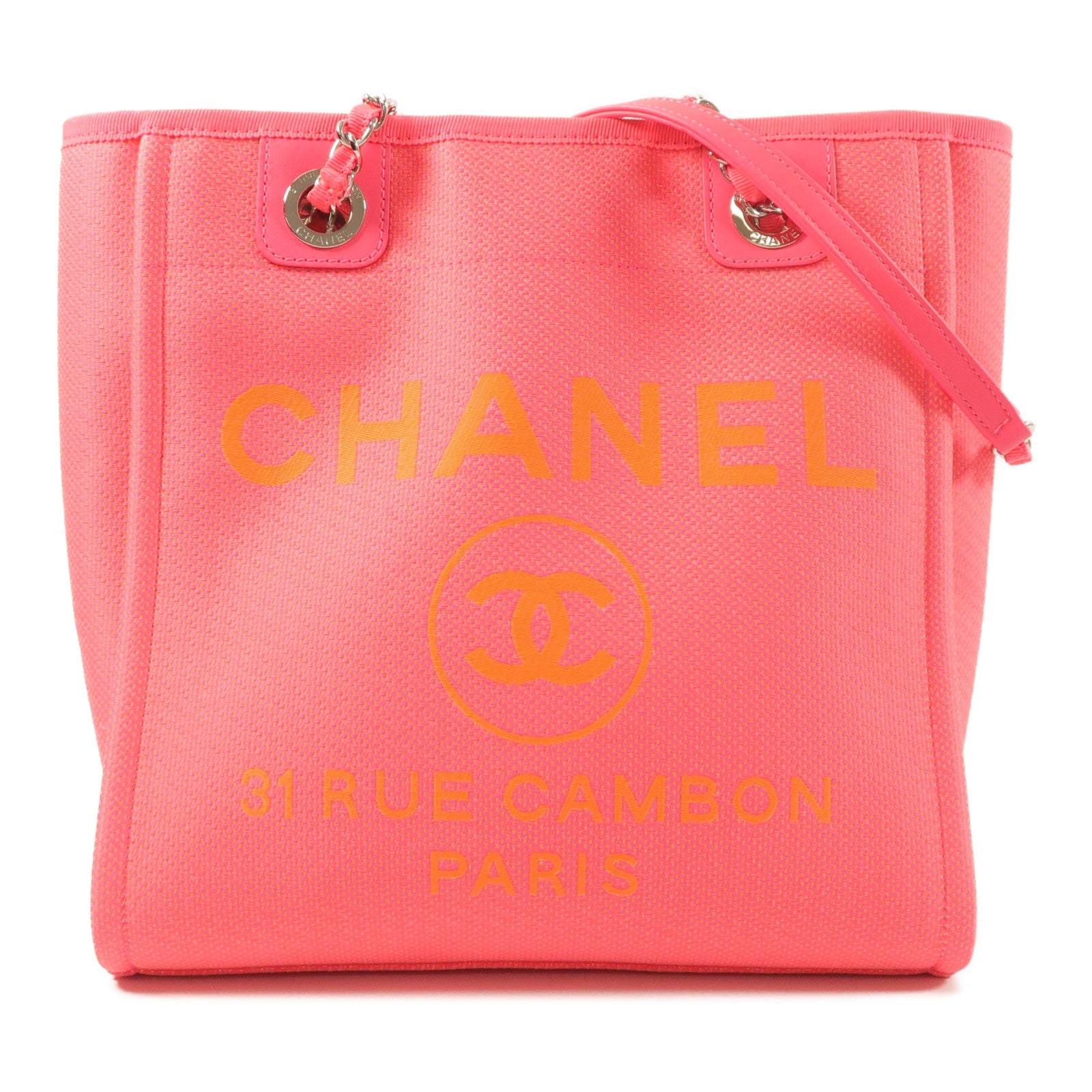 CHANEL 帆布Deauville PM Tote Bag鏈帶肩背袋