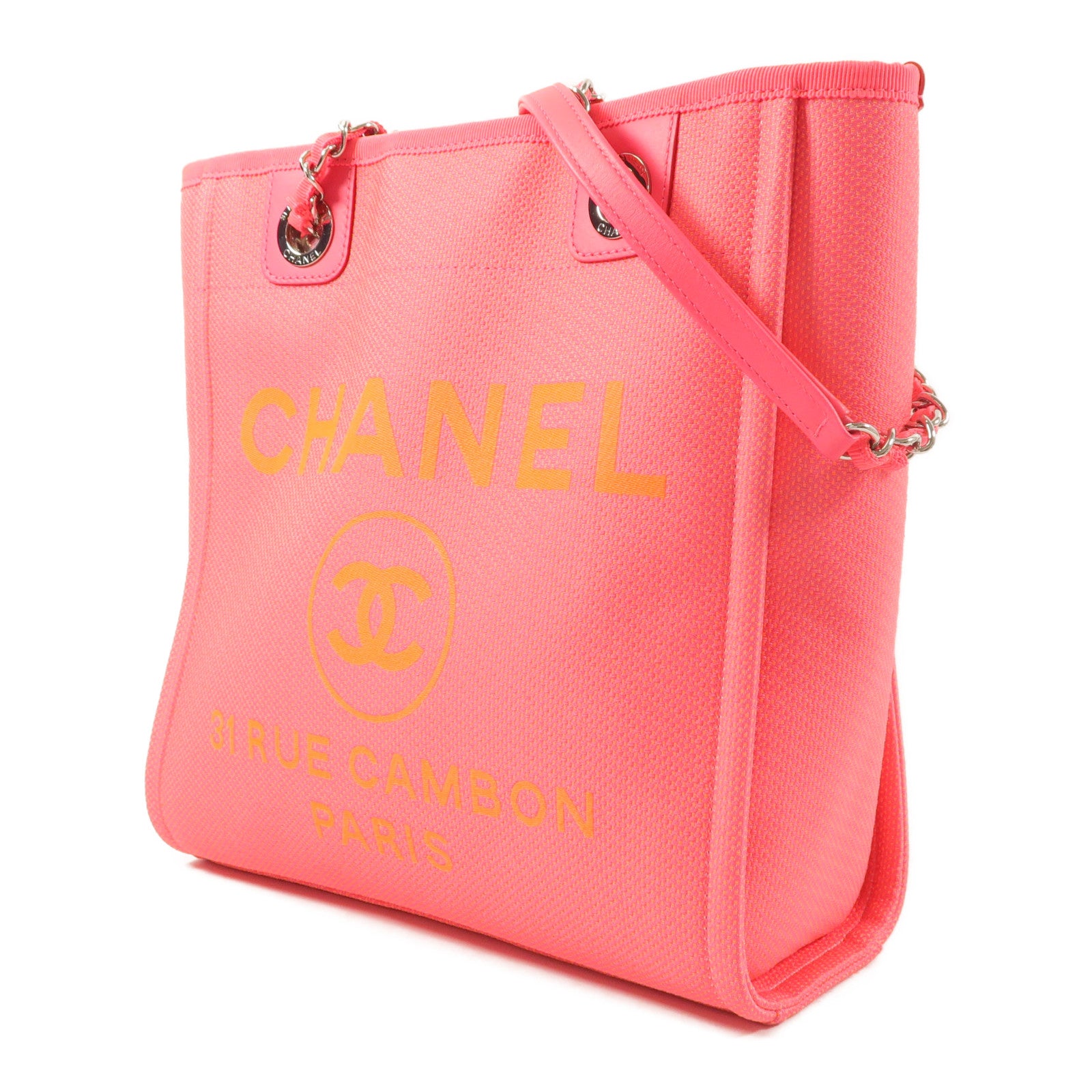 CHANEL 帆布Deauville PM Tote Bag鏈帶肩背袋