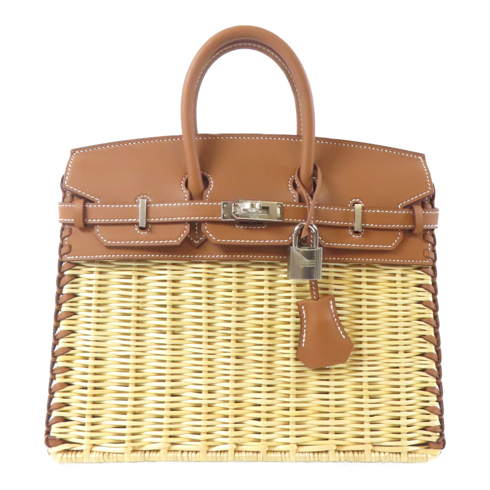 HERMES Swift皮革/柳條Birkin 25 Picnic銀扣手挽袋Gold/Naturel/啡色