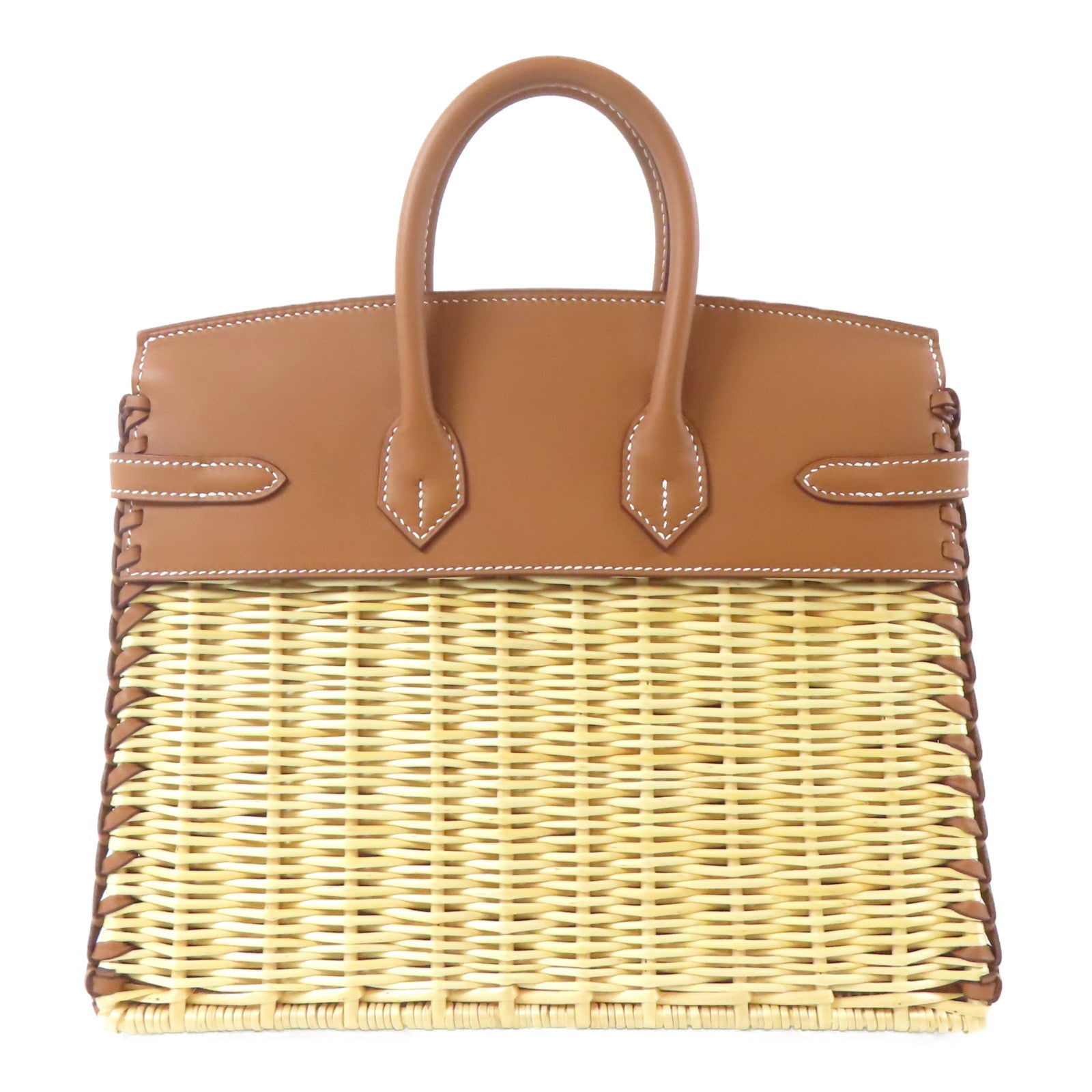 HERMES Swift皮革/柳條Birkin 25 Picnic銀扣手挽袋Gold/Naturel/啡色
