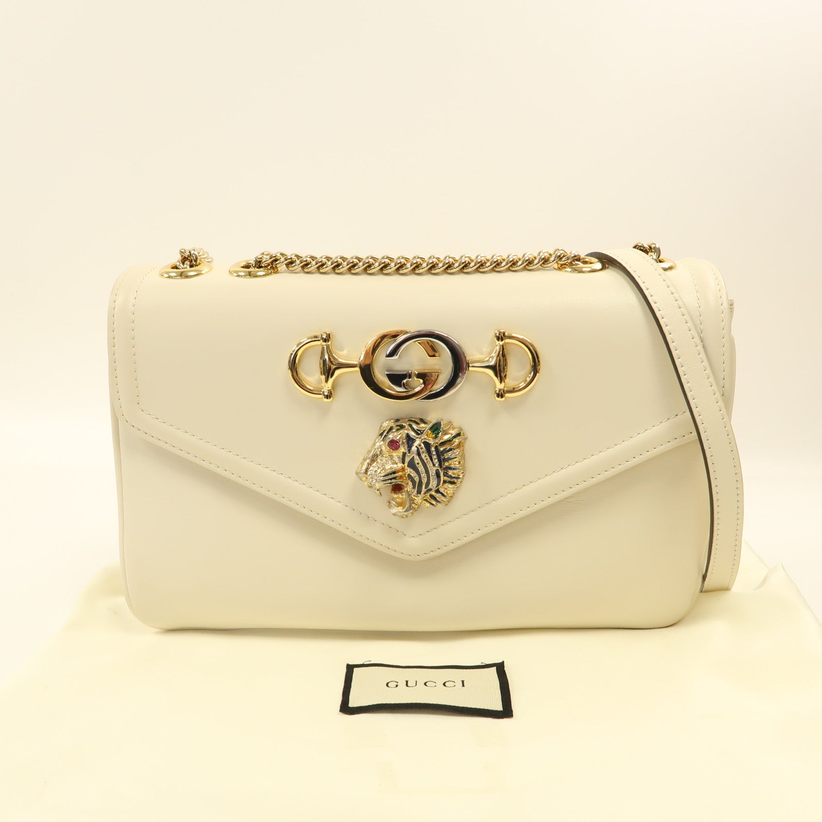 GUCCI 【激減優惠】牛皮皮革Rajah Medium金扣鏈帶肩背袋白色