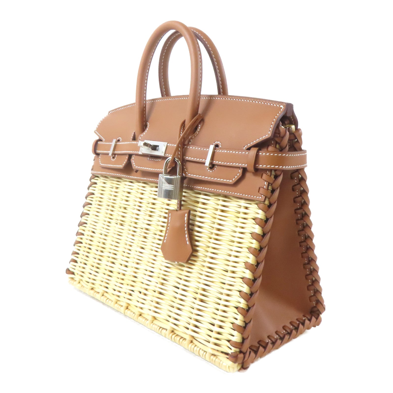 HERMES Swift皮革/柳條Birkin 25 Picnic銀扣手挽袋Gold/Naturel/啡色