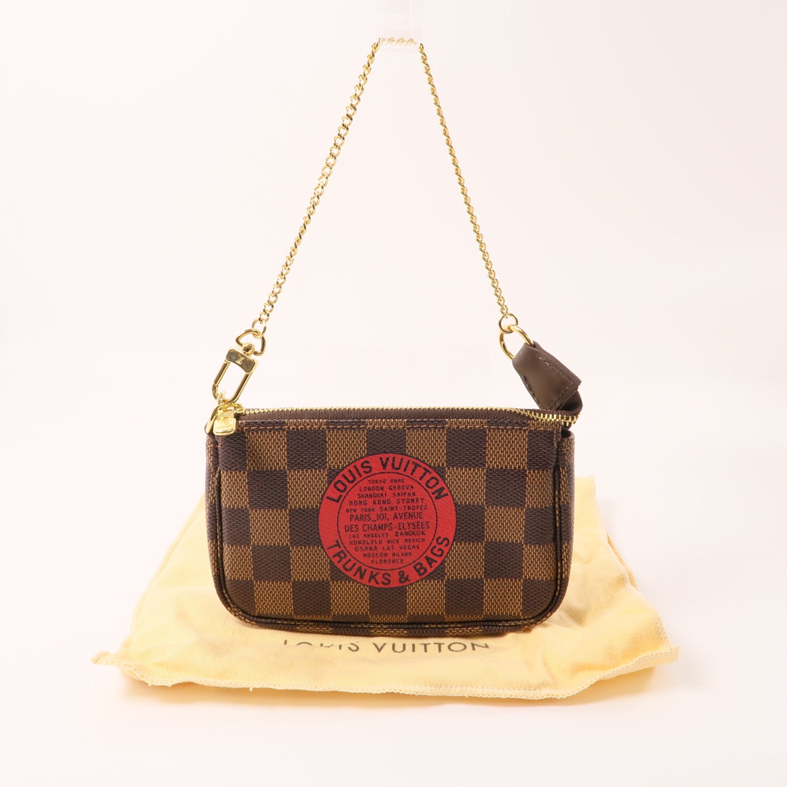 LOUIS VUITTON Damier Mini Pochette Accessoires金扣手挽袋棕色