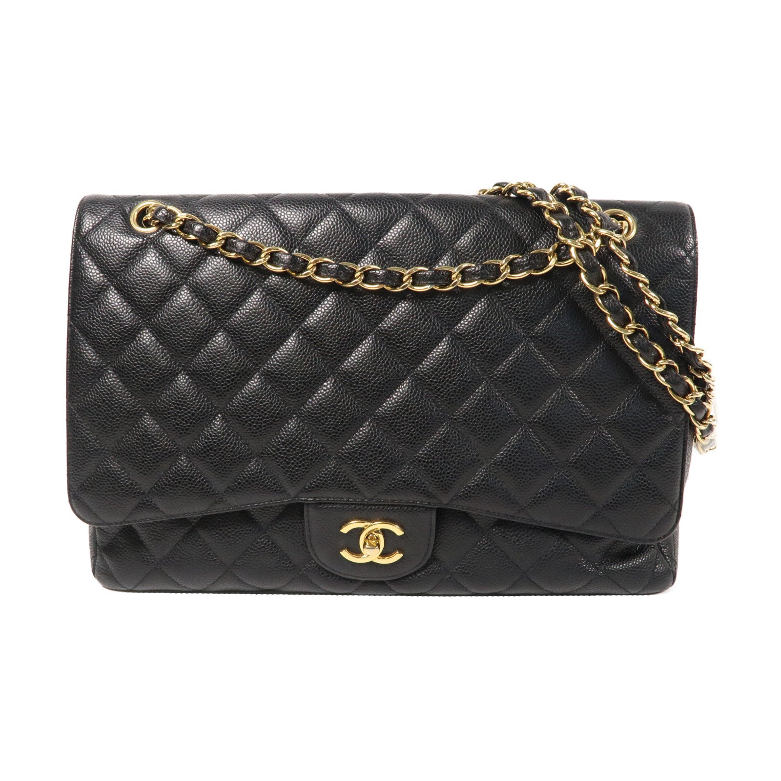 CHANEL 菱格Caviar皮革Maxi Jumbo金扣鏈帶肩背袋黑色