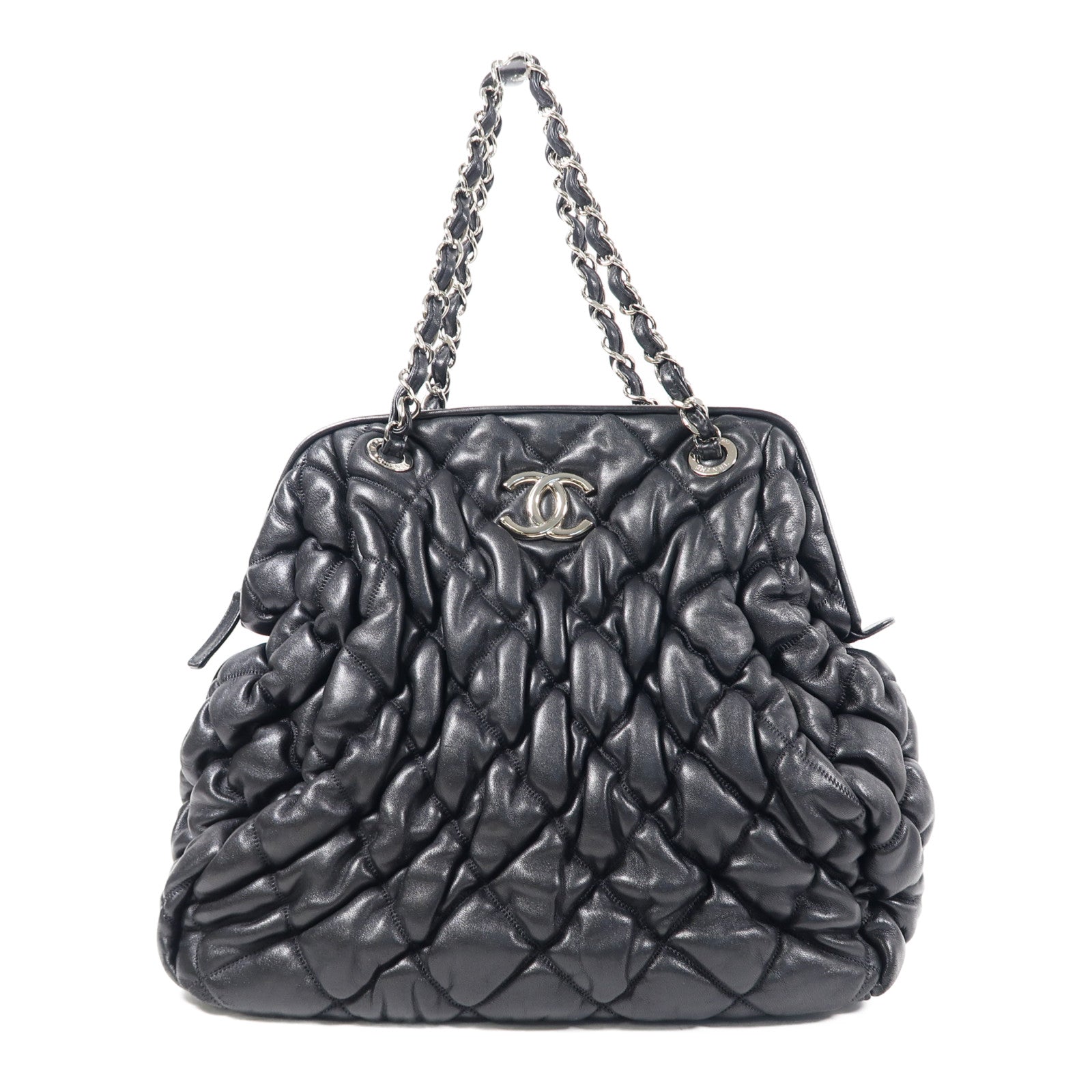 CHANEL 牛皮皮革Chain Shoulder銀扣鏈帶肩背袋黑色