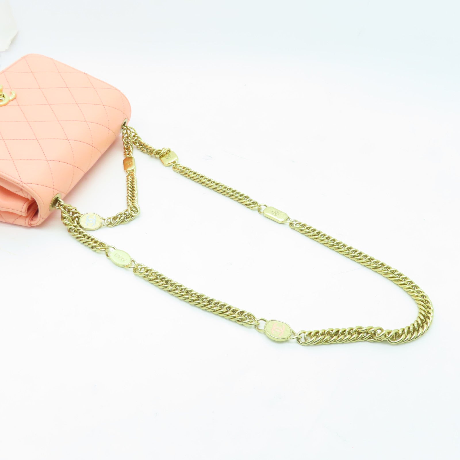 CHANEL 【激減優惠】菱格羊皮皮革Chain Shoulder金扣鏈帶肩背袋橙色