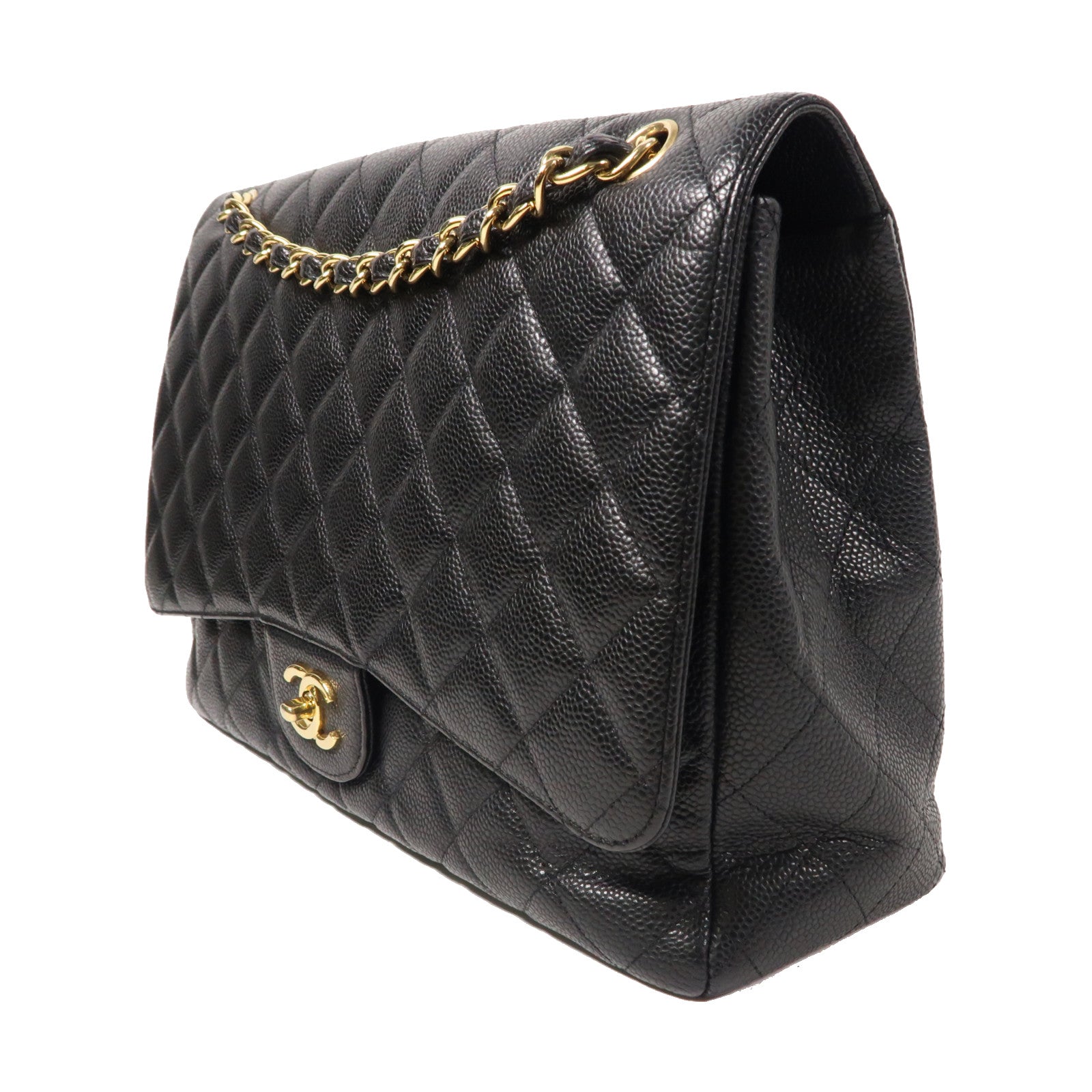 CHANEL 菱格Caviar皮革Maxi Jumbo金扣鏈帶肩背袋黑色
