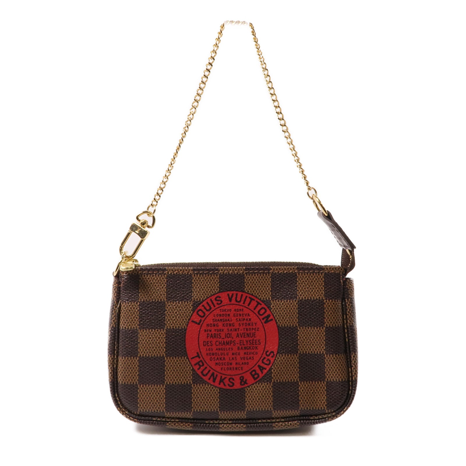 LOUIS VUITTON Damier Mini Pochette Accessoires金扣手挽袋棕色
