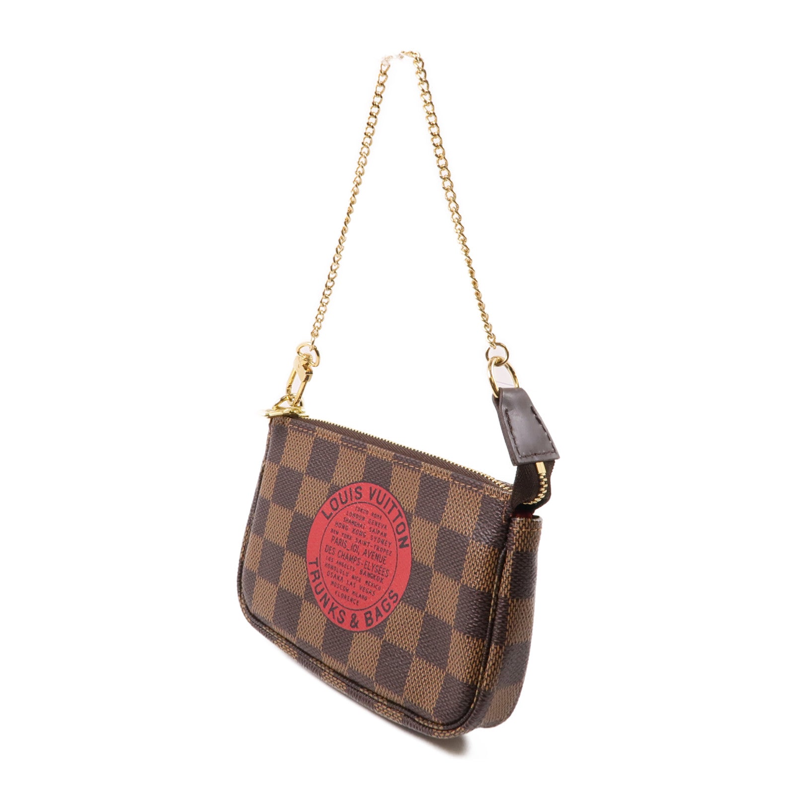 LOUIS VUITTON Damier Mini Pochette Accessoires金扣手挽袋棕色