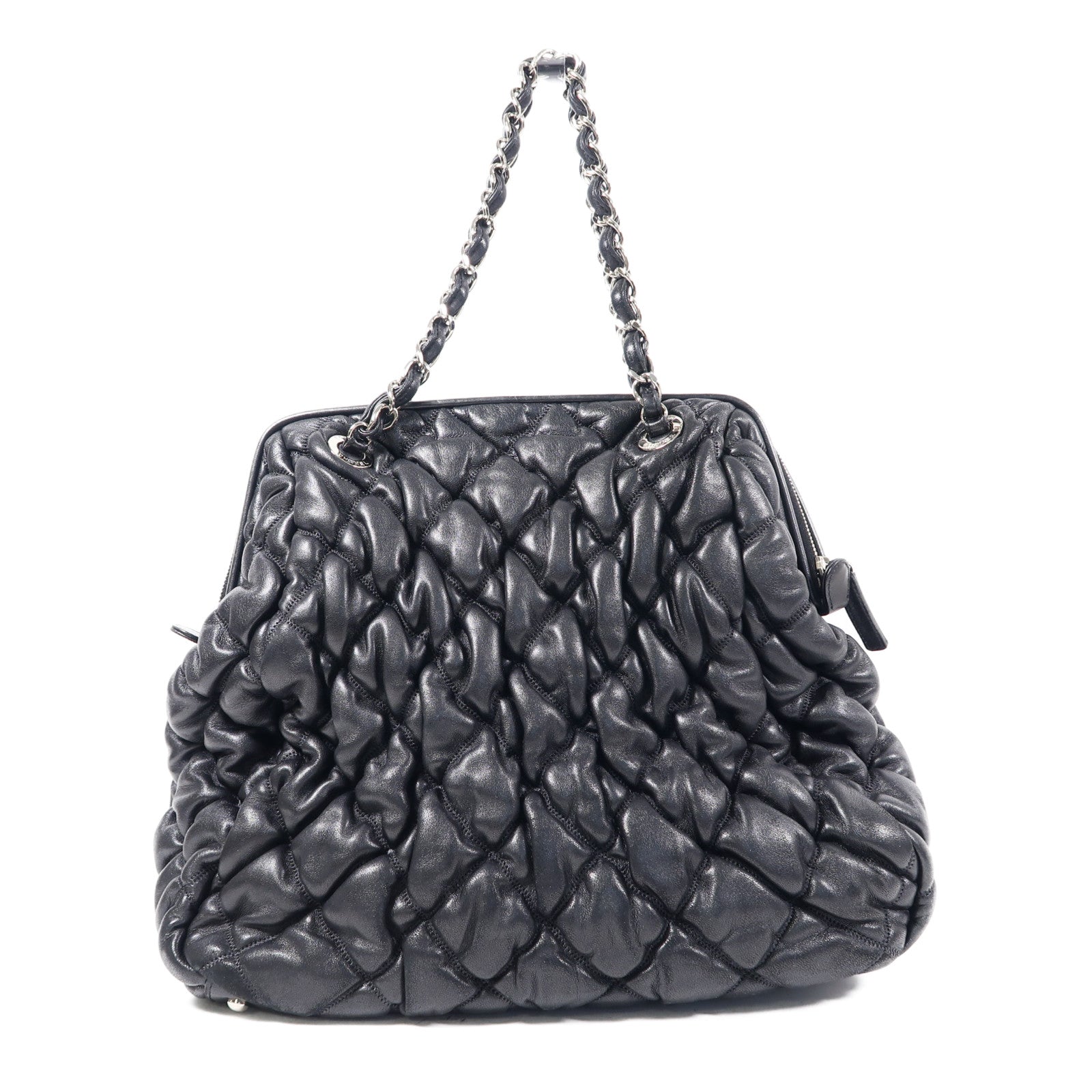 CHANEL 牛皮皮革Chain Shoulder銀扣鏈帶肩背袋黑色