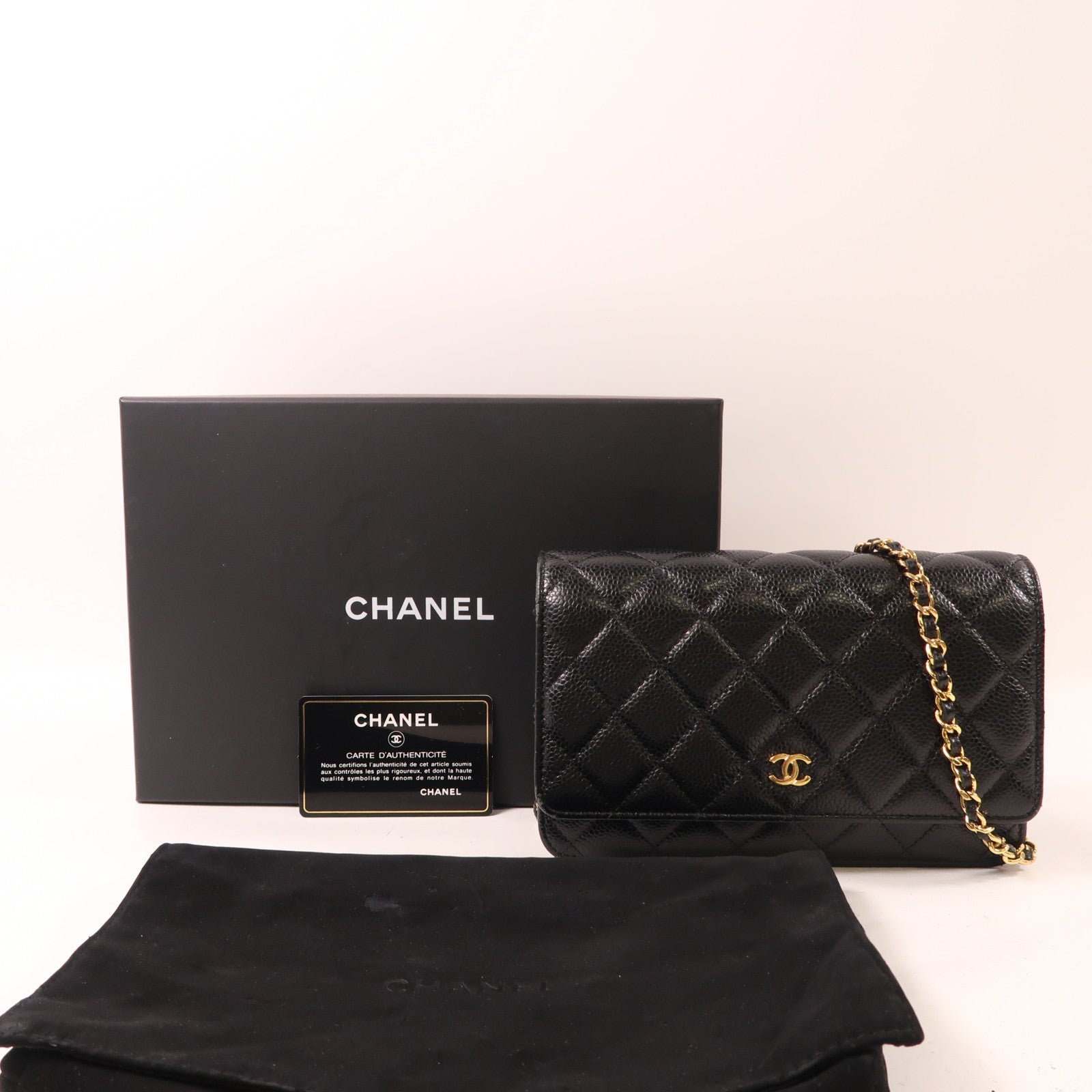 CHANEL 牛皮皮革Wallet On Chain金扣鏈帶肩背袋黑色