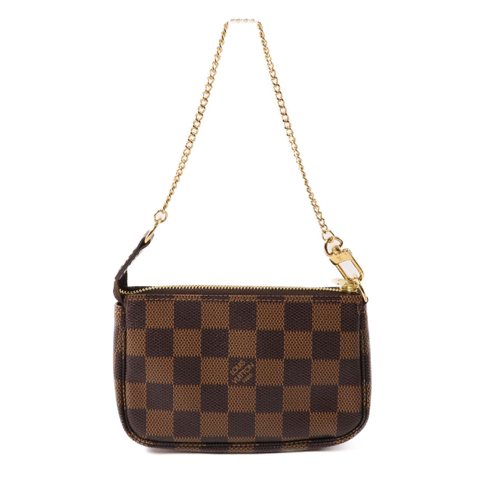 LOUIS VUITTON Damier Mini Pochette Accessoires金扣手挽袋棕色