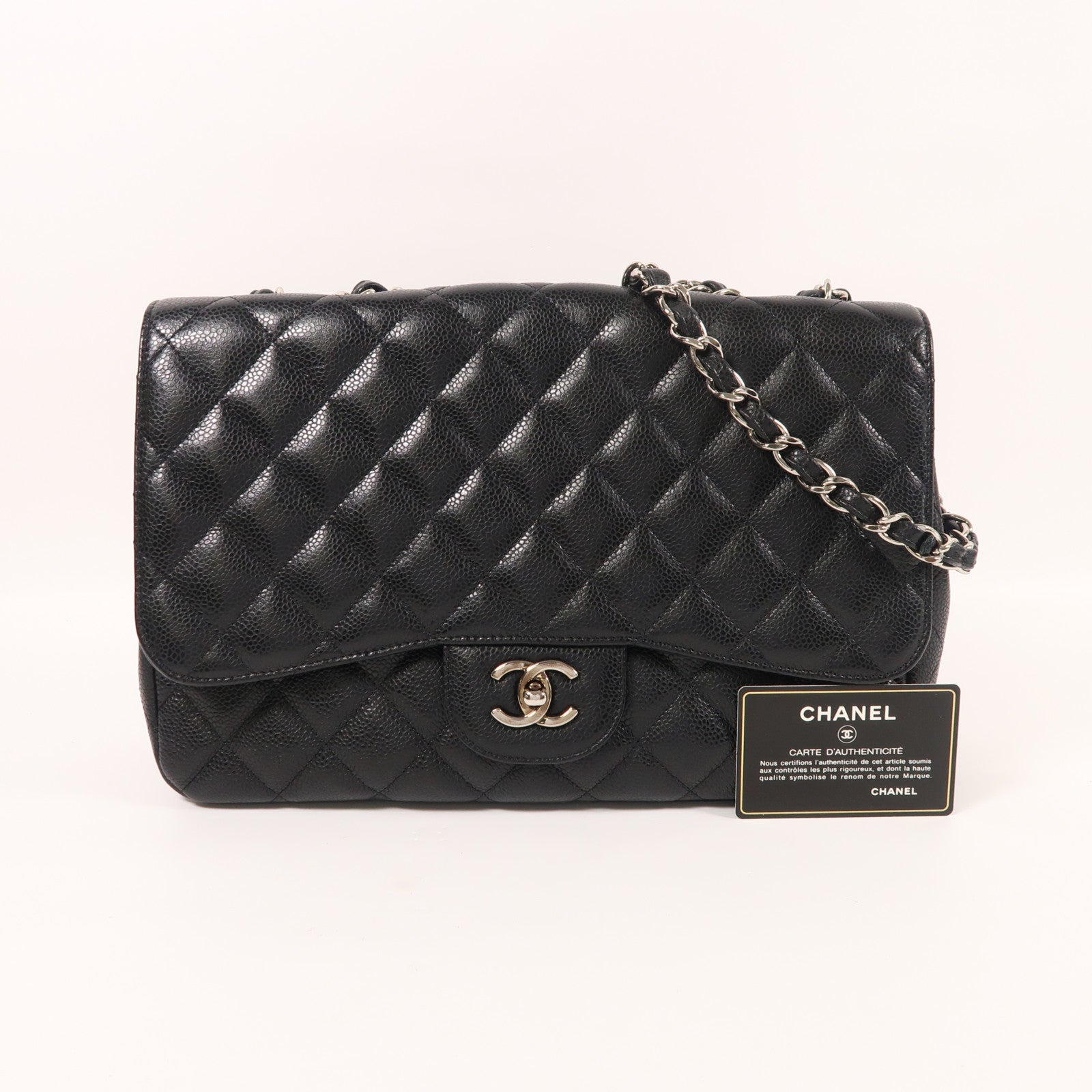 CHANEL 牛皮皮革Large Classic銀扣鏈帶肩背袋