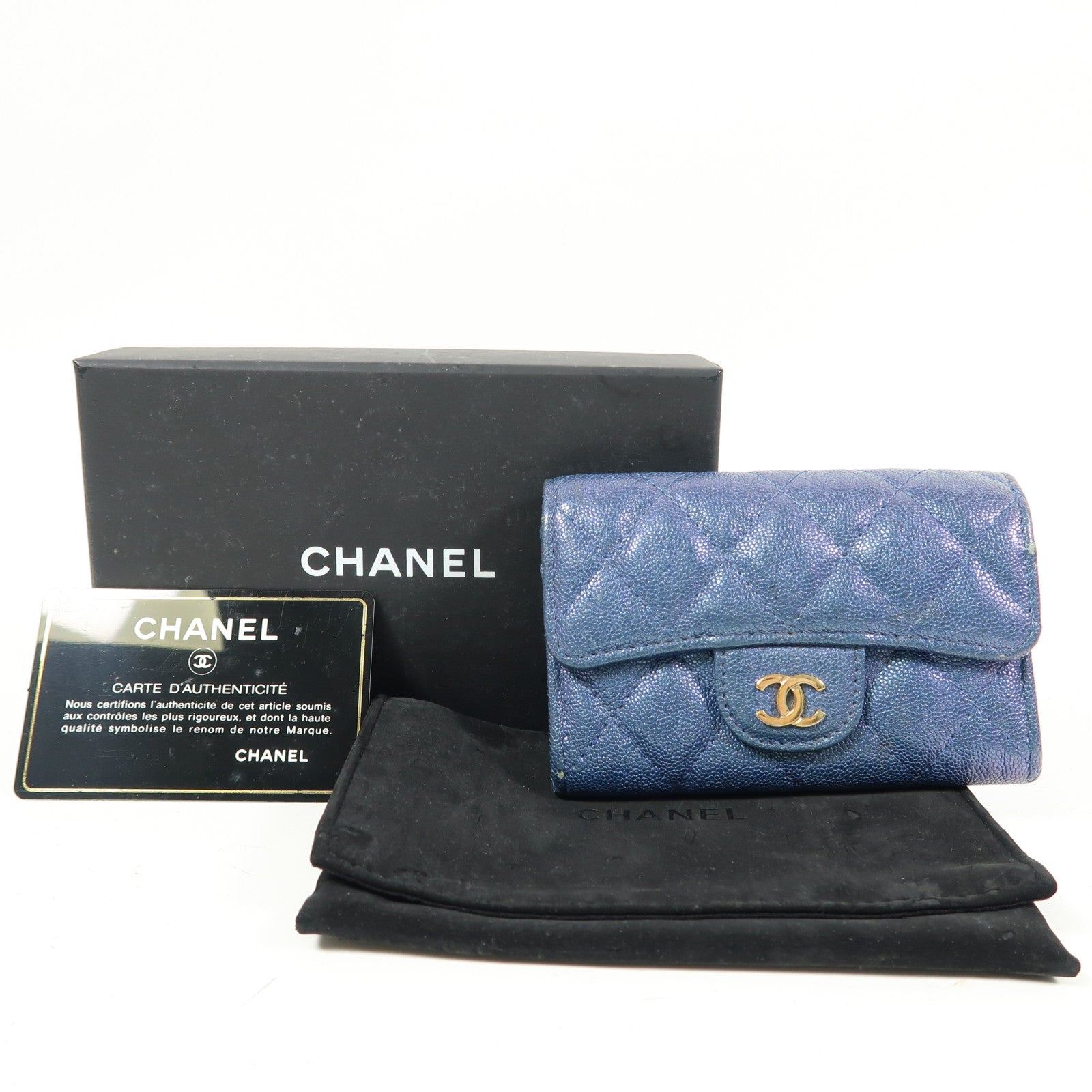 CHANEL 菱格Caviar皮革Card Case金扣卡片套藍色