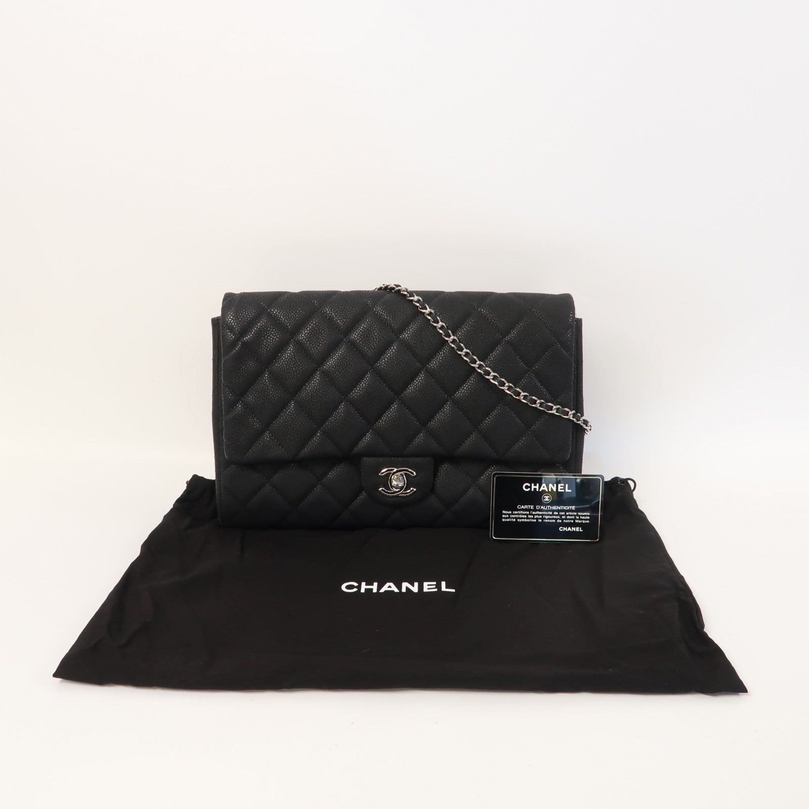 CHANEL 菱格Caviar皮革Shoulder Bag銀扣鏈帶肩背袋黑色