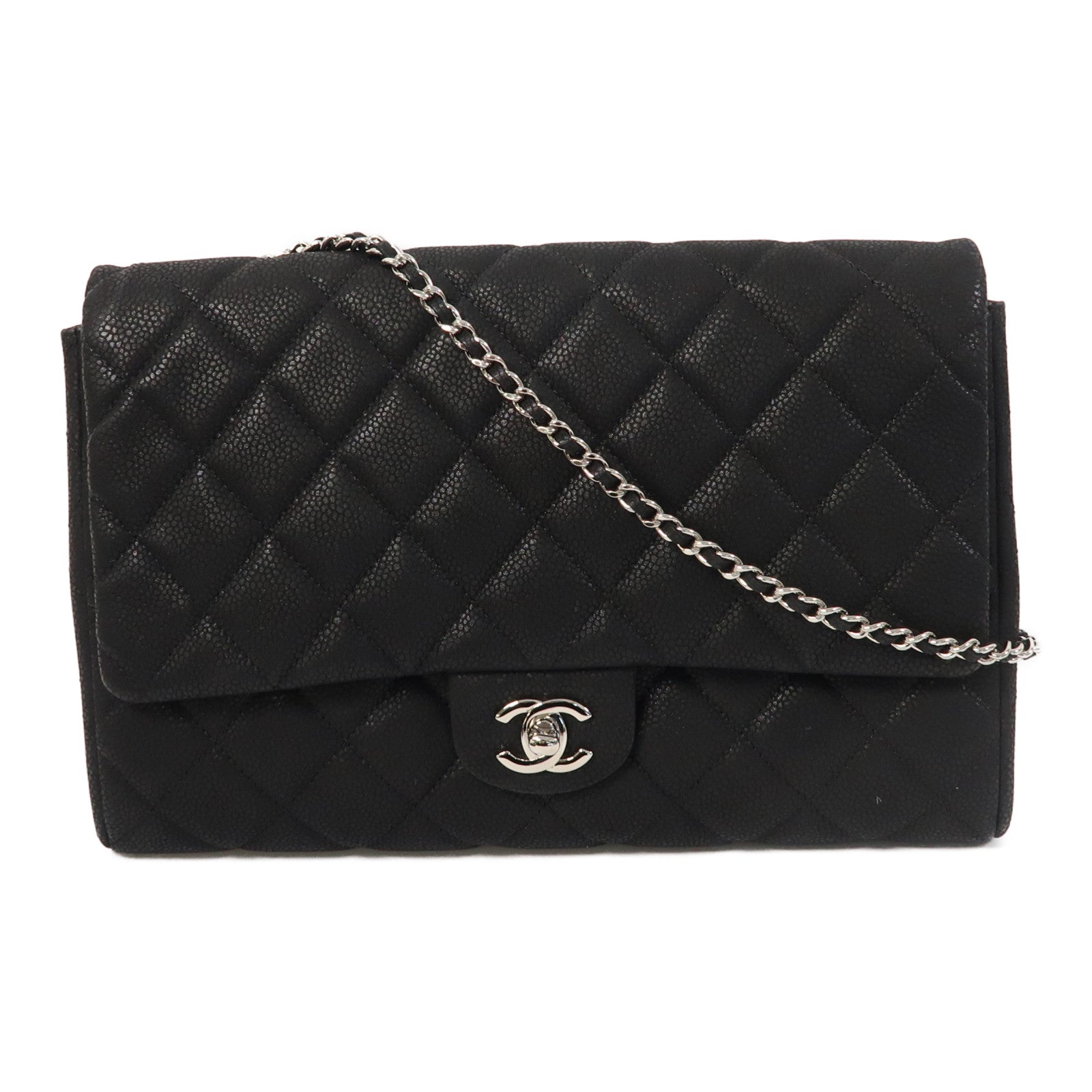 CHANEL 菱格Caviar皮革Shoulder Bag銀扣鏈帶肩背袋黑色