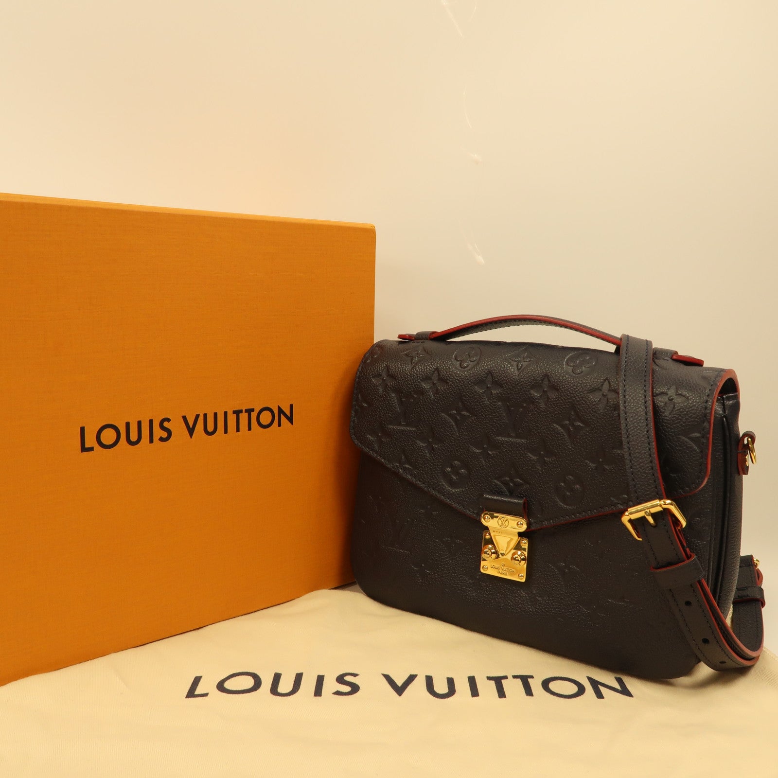 LOUIS VUITTON Monogram Empreinte Pochette Metis金扣手挽肩背兩用袋深藍色