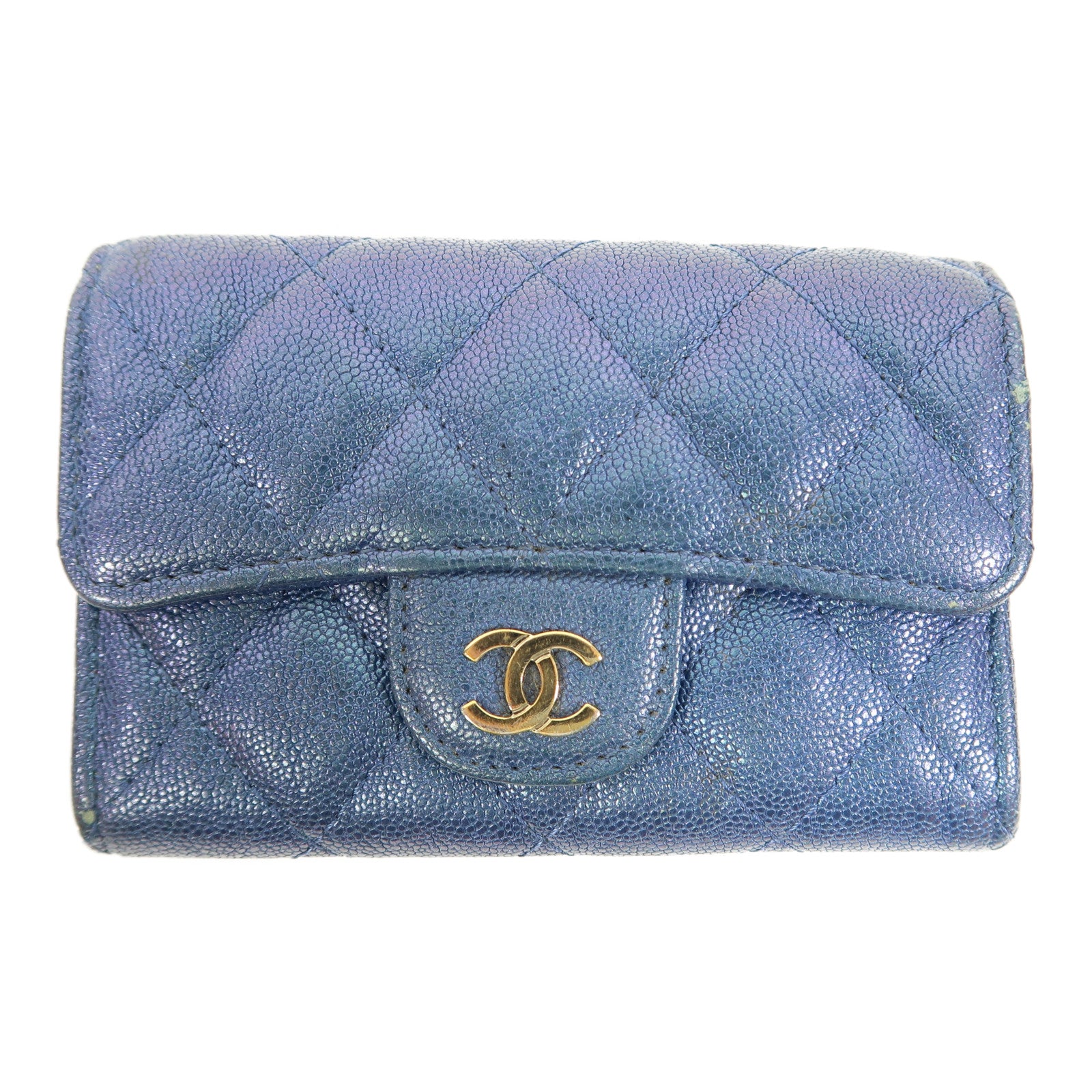CHANEL 菱格Caviar皮革Card Case金扣卡片套藍色