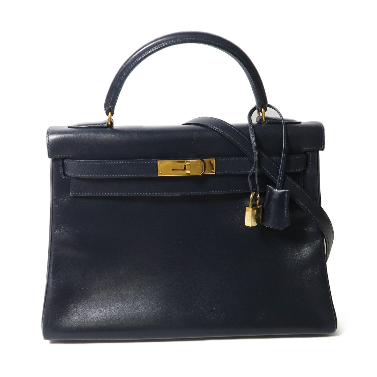 HERMES Box Calf皮革Kelly 32金釦手挽肩背兩用袋深藍色