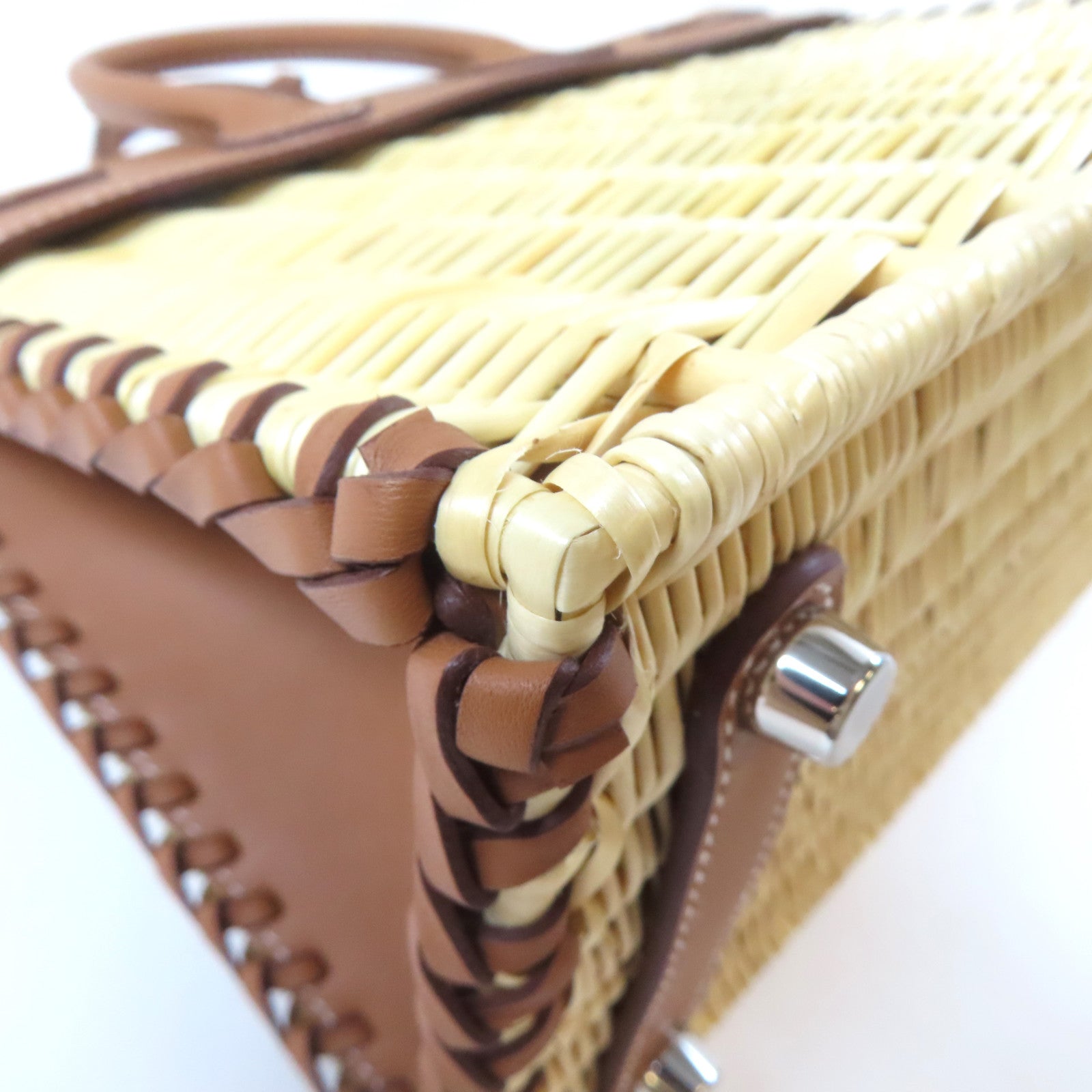 HERMES Swift皮革/柳條Birkin 25 Picnic銀扣手挽袋Gold/Naturel/啡色