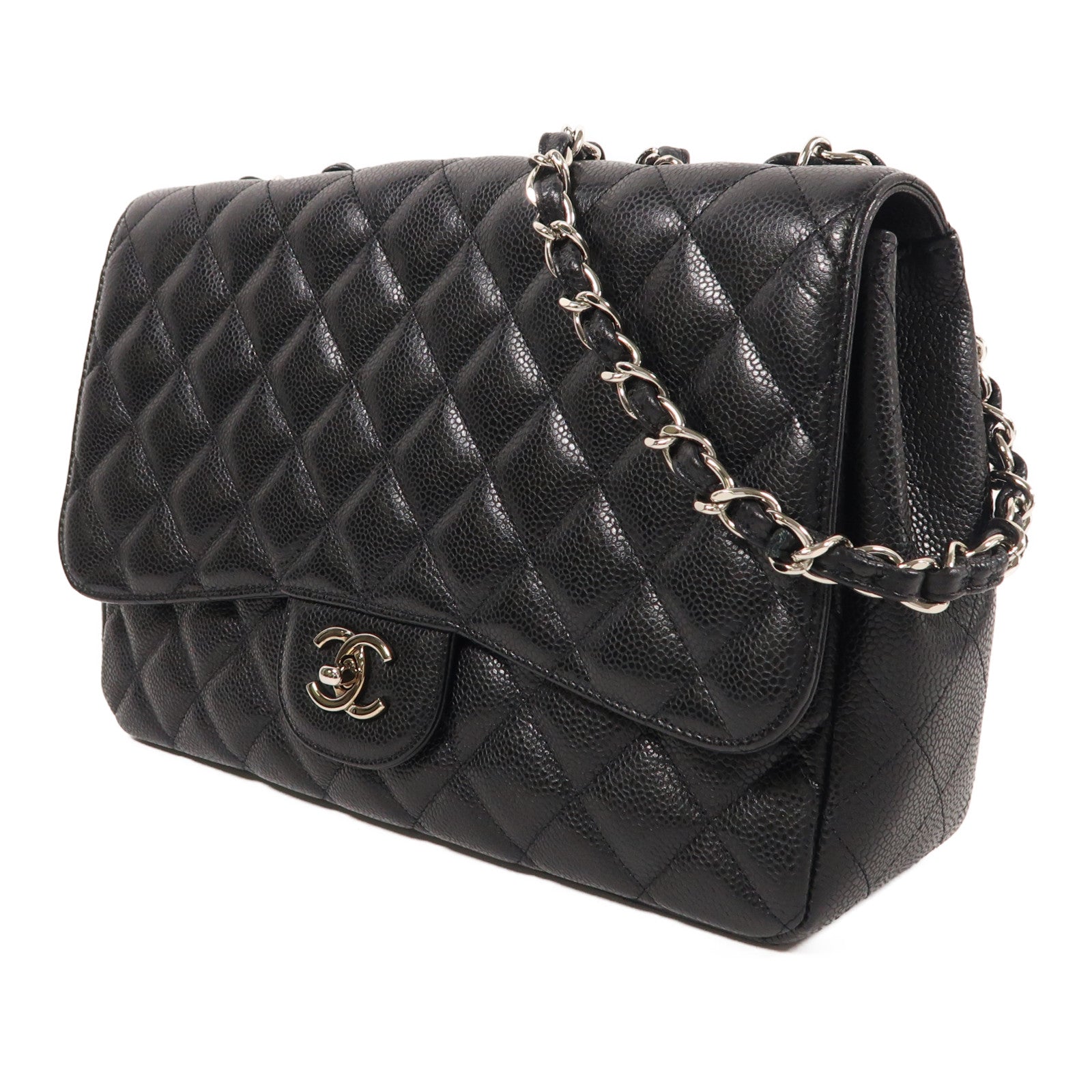 CHANEL 牛皮皮革Large Classic銀扣鏈帶肩背袋