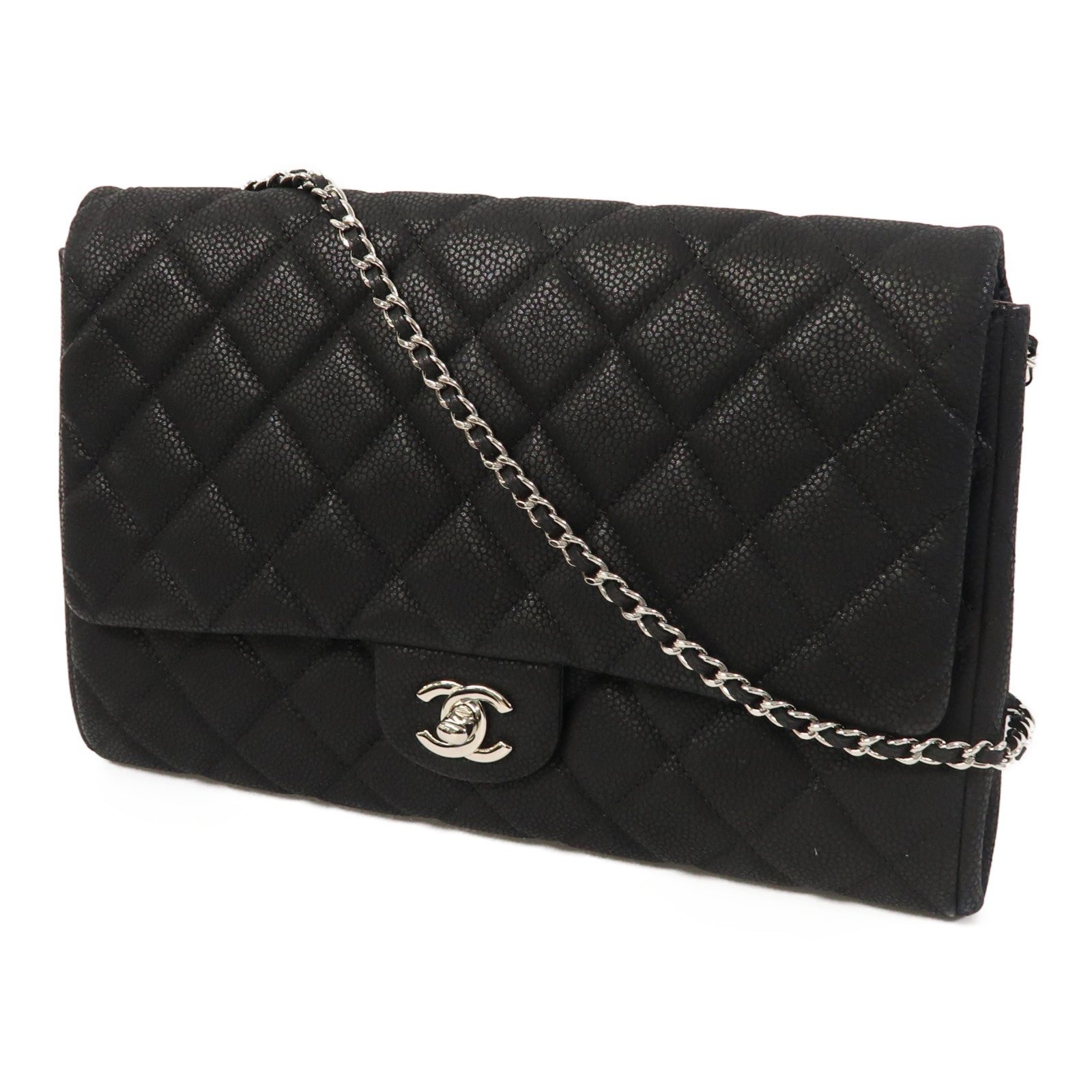 CHANEL 菱格Caviar皮革Shoulder Bag銀扣鏈帶肩背袋黑色