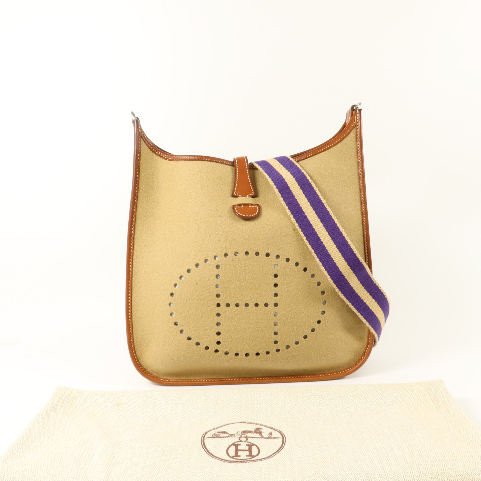 HERMES Felt/Barenia皮革Evelyne PM肩背袋Fauve/Iris