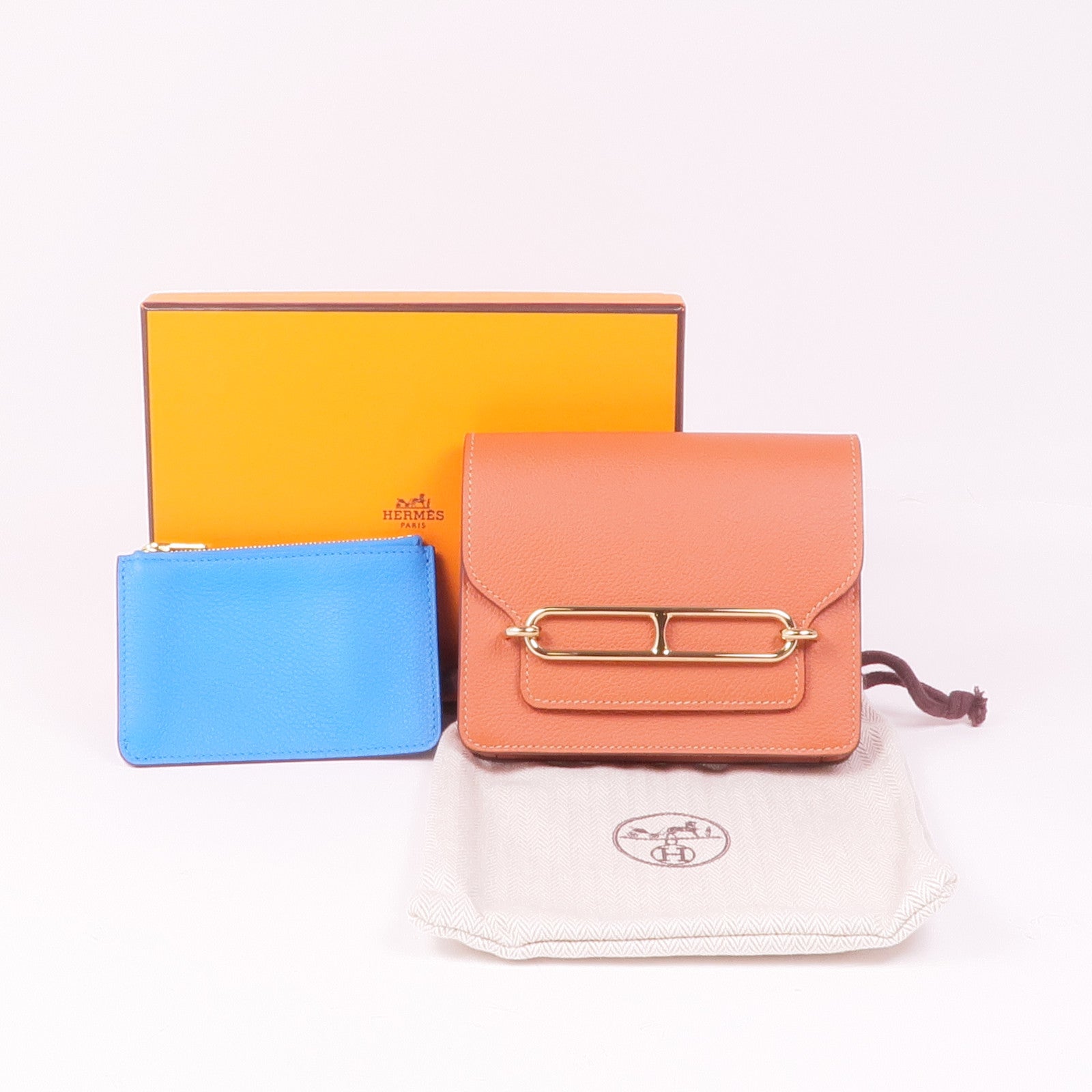 HERMES Evercolor皮革Roulis Slim Compact金扣錢包Blush/Bleu Frida