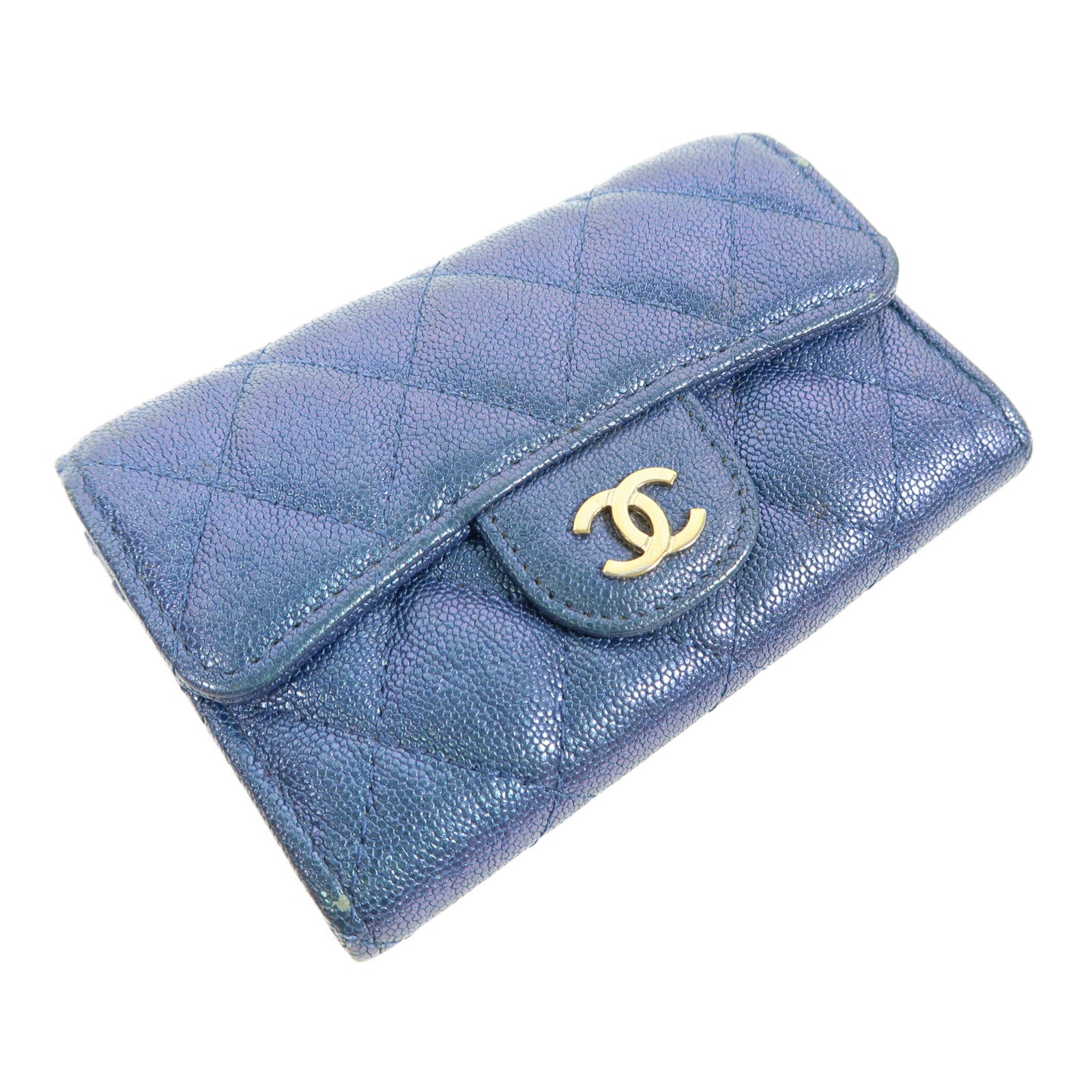 CHANEL 菱格Caviar皮革Card Case金扣卡片套藍色