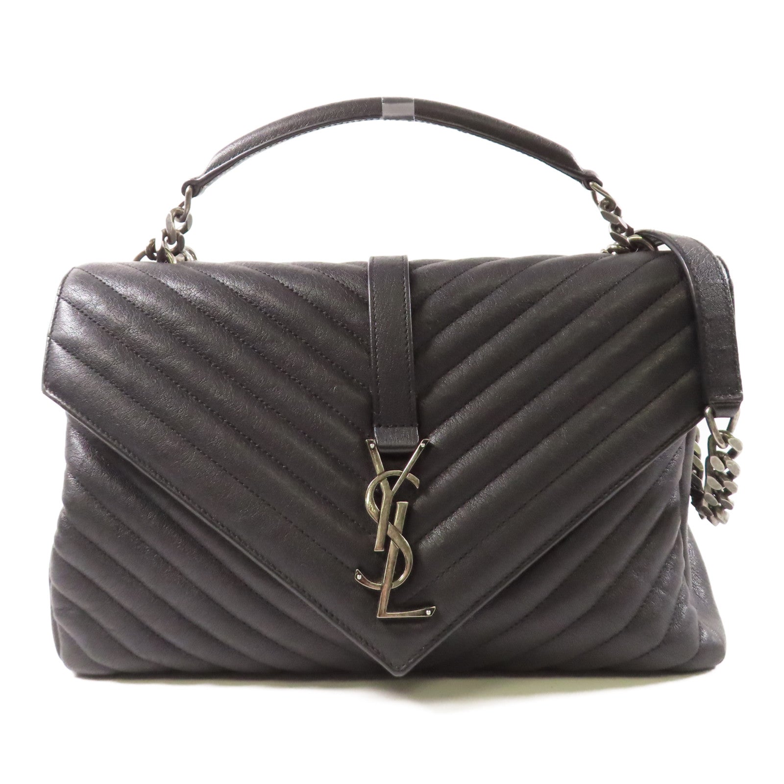 SAINT LAURENT 斜紋牛皮皮革Shoulder Bag銀扣鏈帶手挽肩背兩用袋黑色