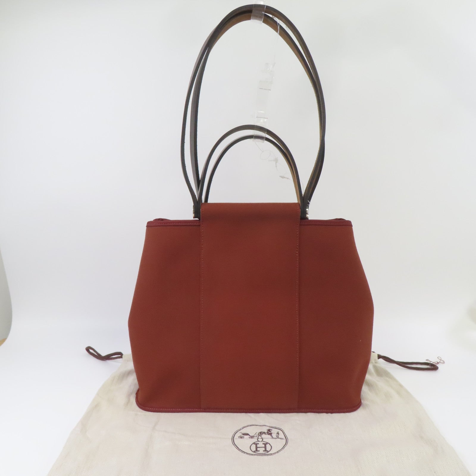 HERMES Toile H帆布Cabag銀扣手挽肩背兩用袋磚紅色