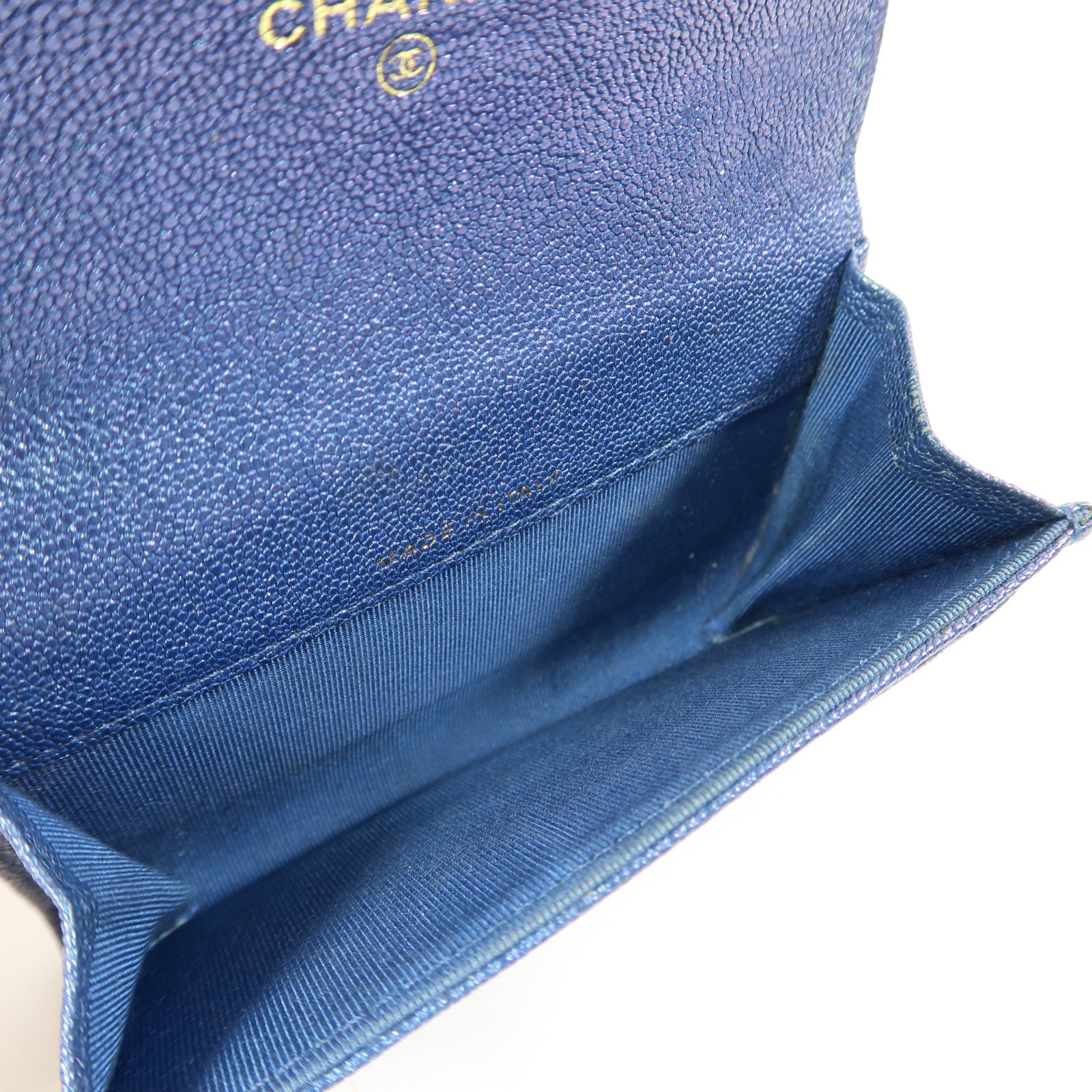 CHANEL 菱格Caviar皮革Card Case金扣卡片套藍色