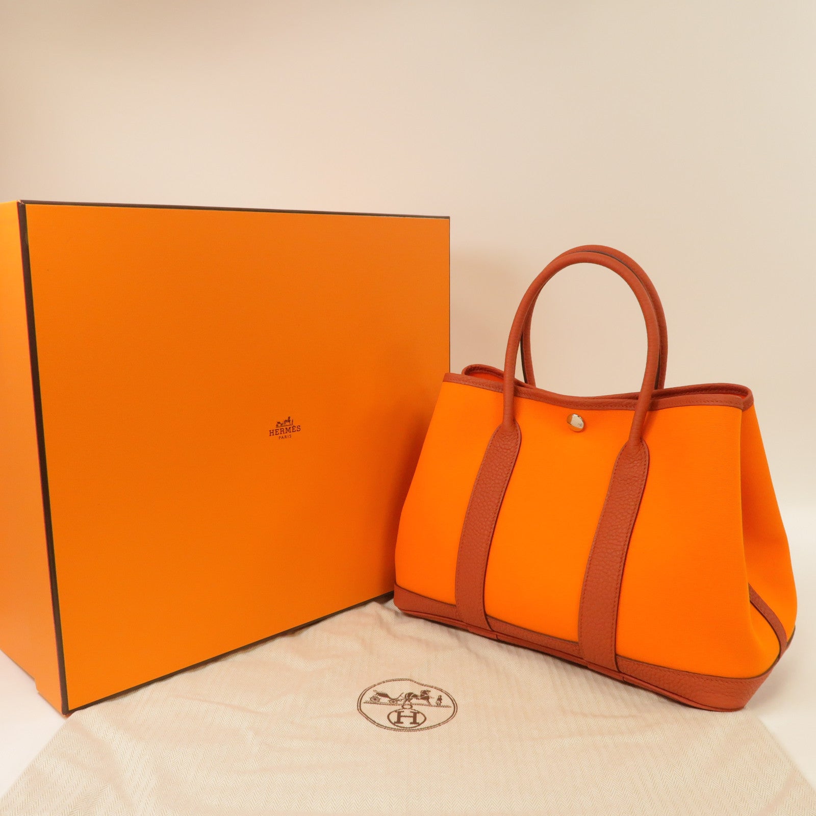 HERMES 帆布Garden Party TPM銀扣手挽袋橙色