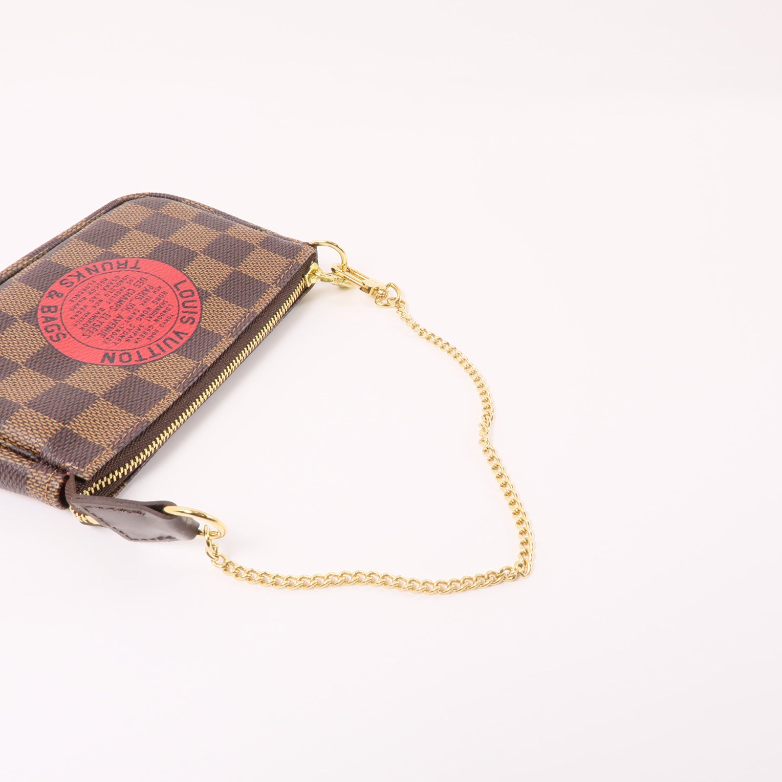 LOUIS VUITTON Damier Mini Pochette Accessoires金扣手挽袋棕色