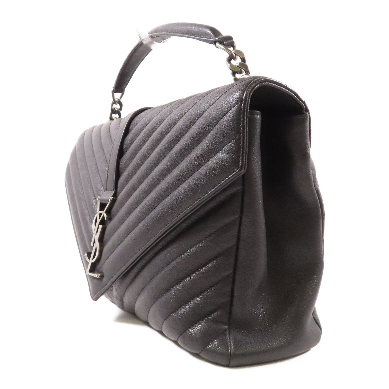 SAINT LAURENT 斜紋牛皮皮革Shoulder Bag銀扣鏈帶手挽肩背兩用袋黑色