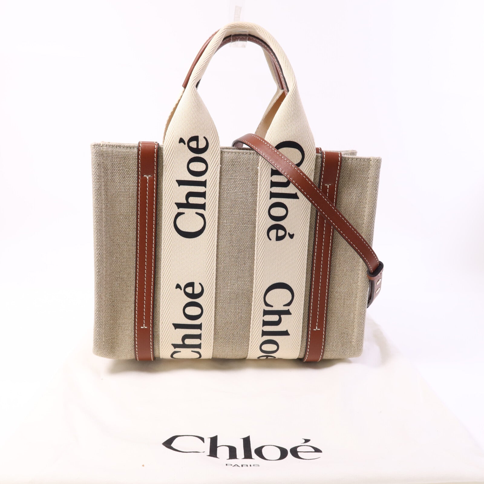 Chloe 帆布/牛皮皮革Woody Small銀扣手挽肩背兩用袋