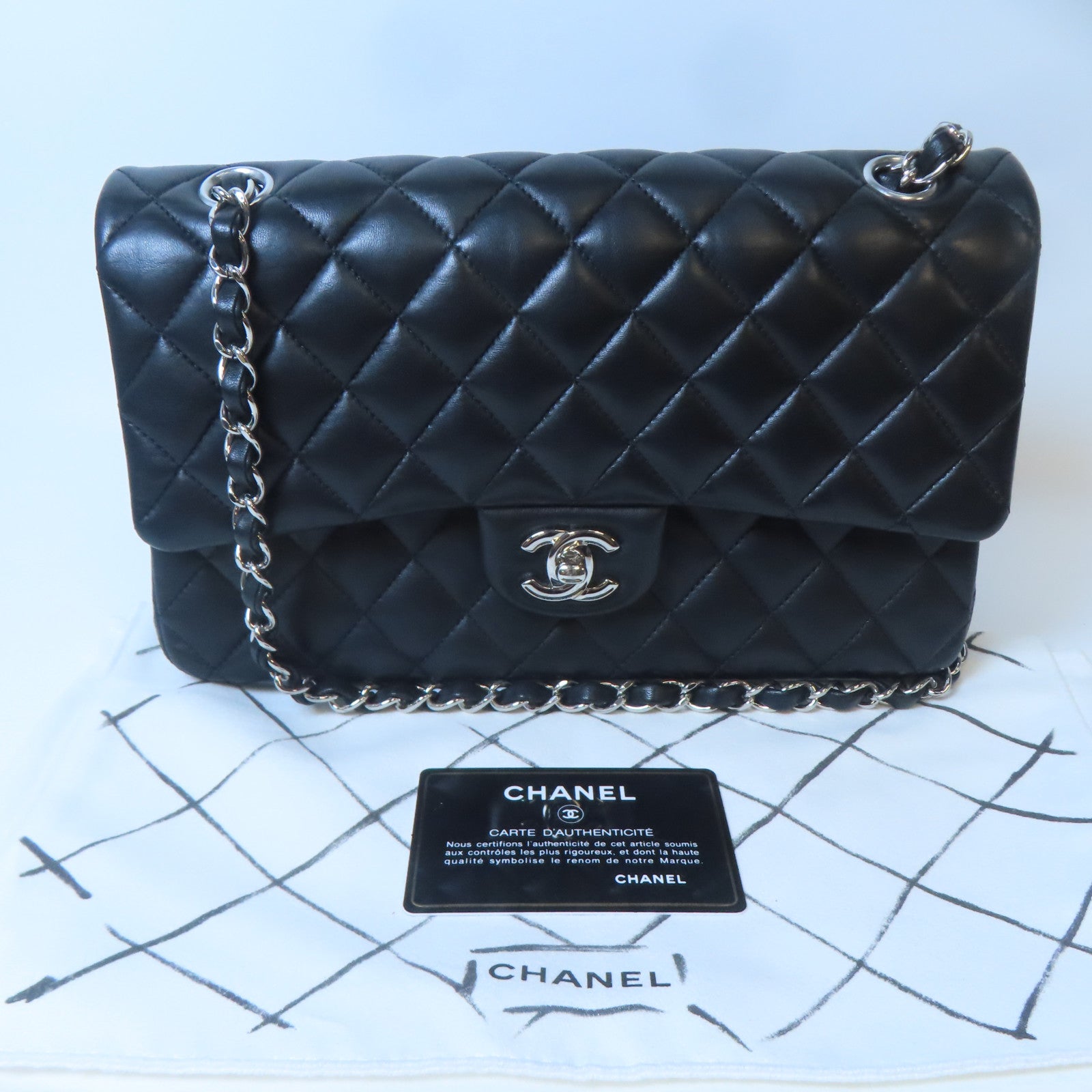 CHANEL 【激減優惠】菱格羊皮皮革Classic Flap 25cm銀扣鏈帶肩背袋黑色