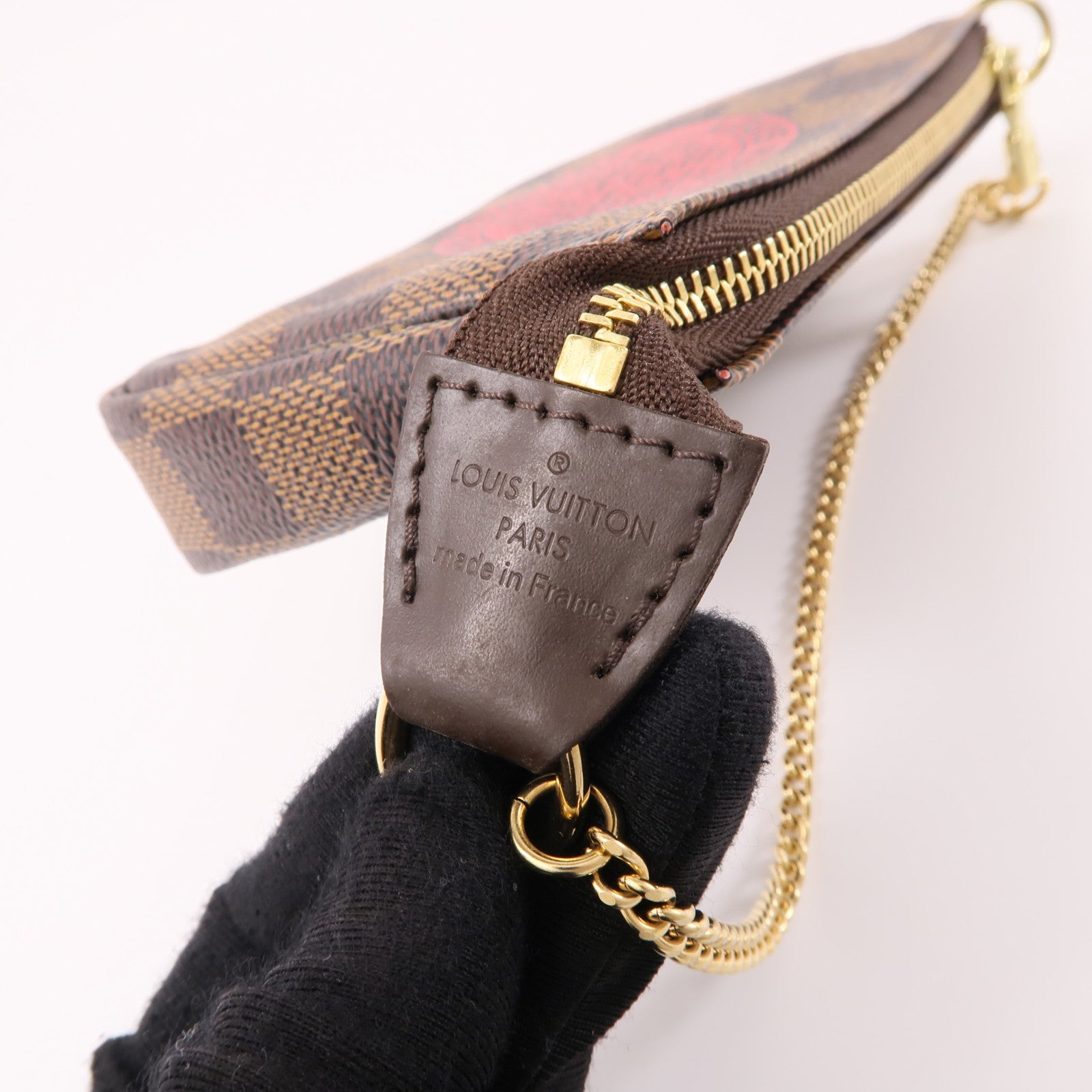 LOUIS VUITTON Damier Mini Pochette Accessoires金扣手挽袋棕色