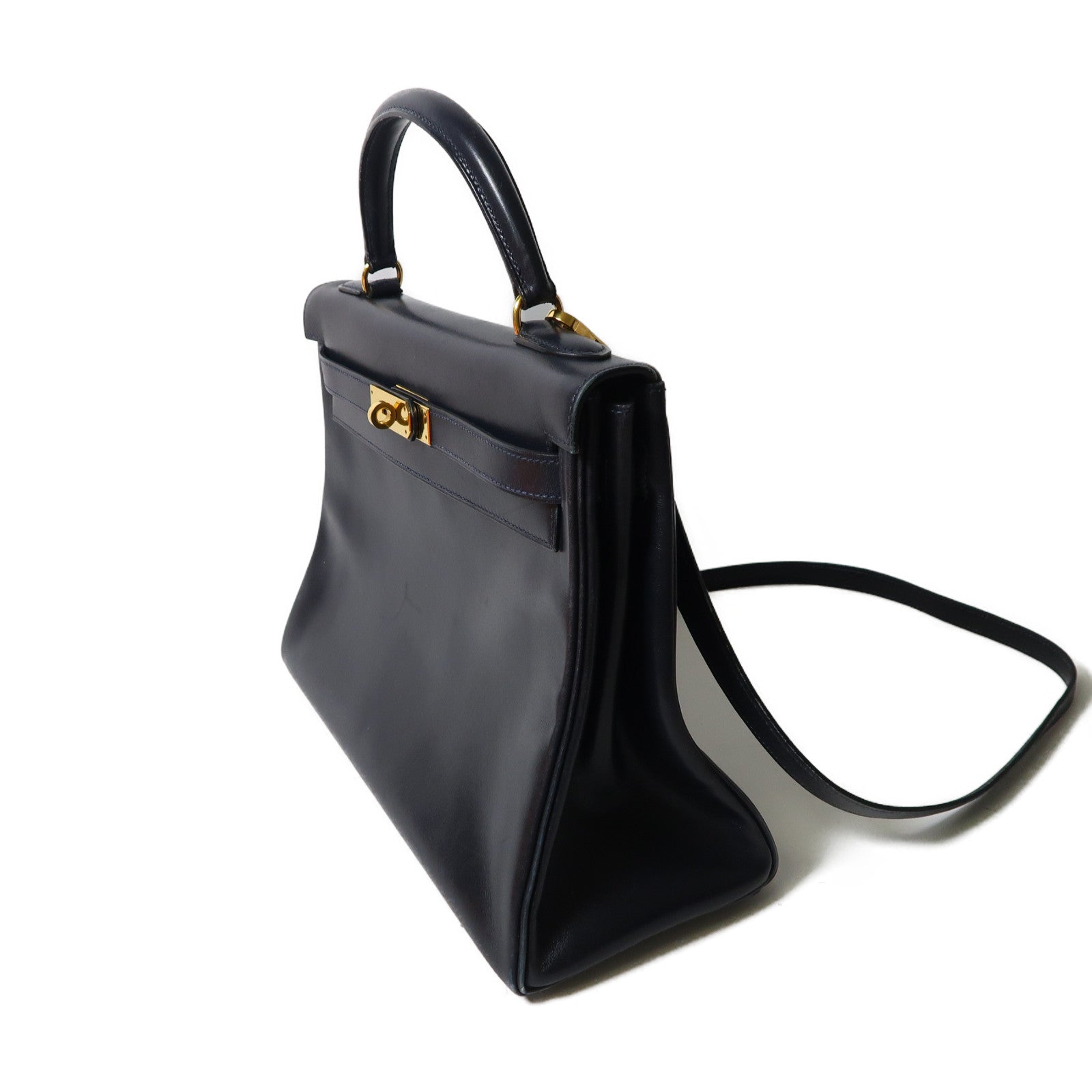 HERMES Box Calf皮革Kelly 32金釦手挽肩背兩用袋深藍色